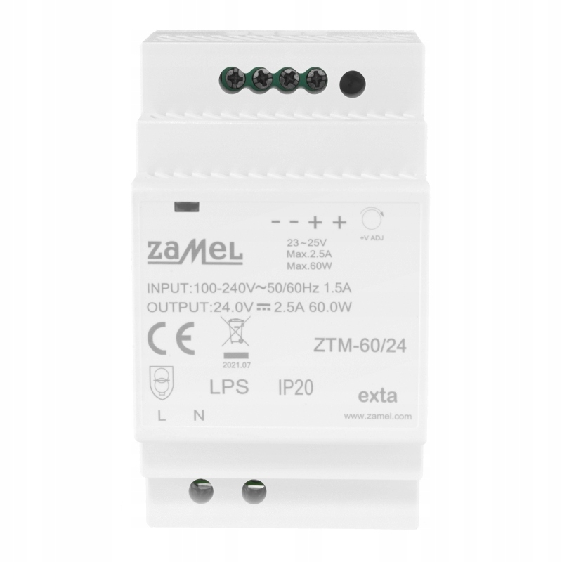 ZASILACZ IMPULSOWY MONTOWANY NA SZYNIE TH-35 DIN 60W 24V DC ZTM-60/24 ZAMEL