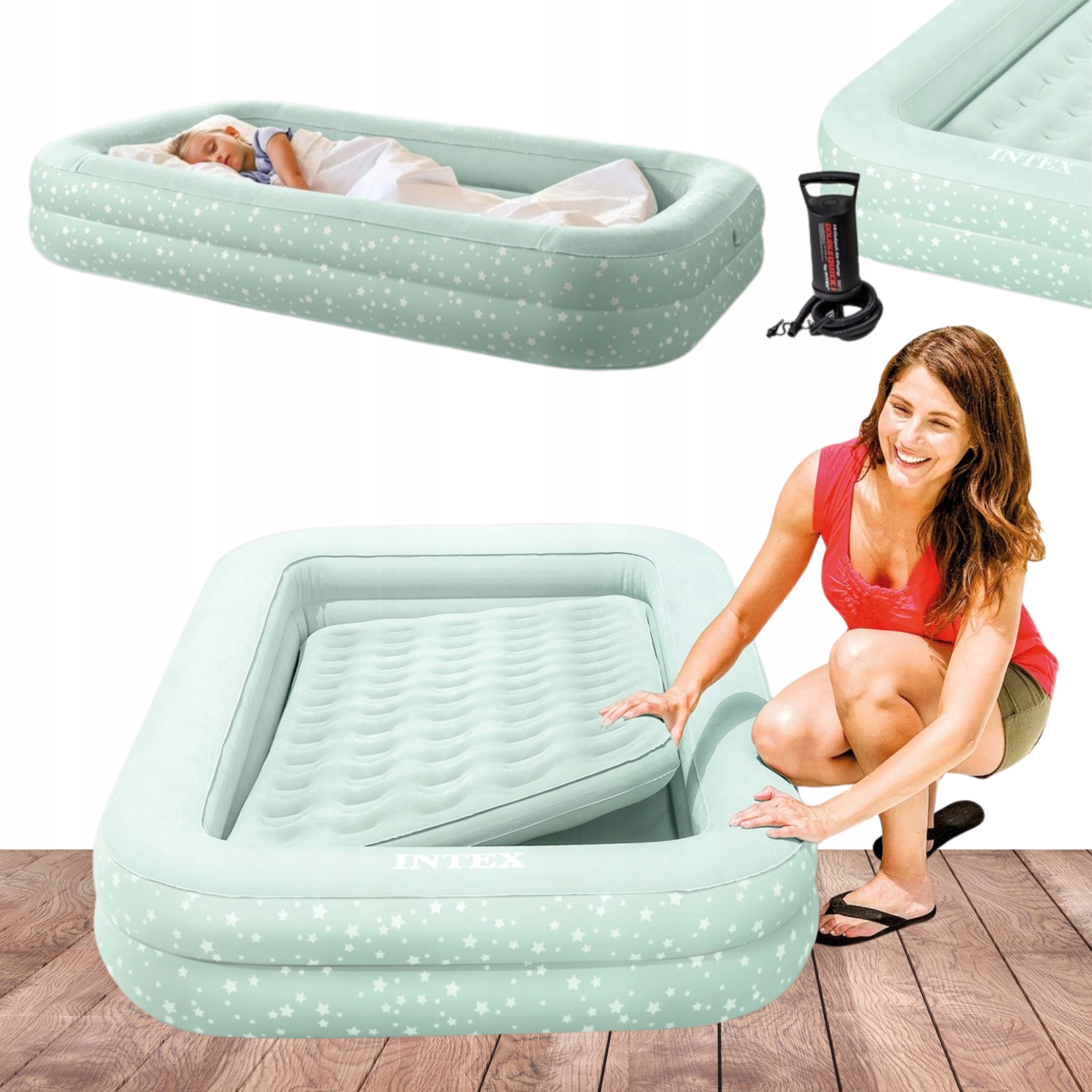 Materac Dmuchany z Bandami dla Dziecka Głębokie Pompowane Łóżeczko Pompka