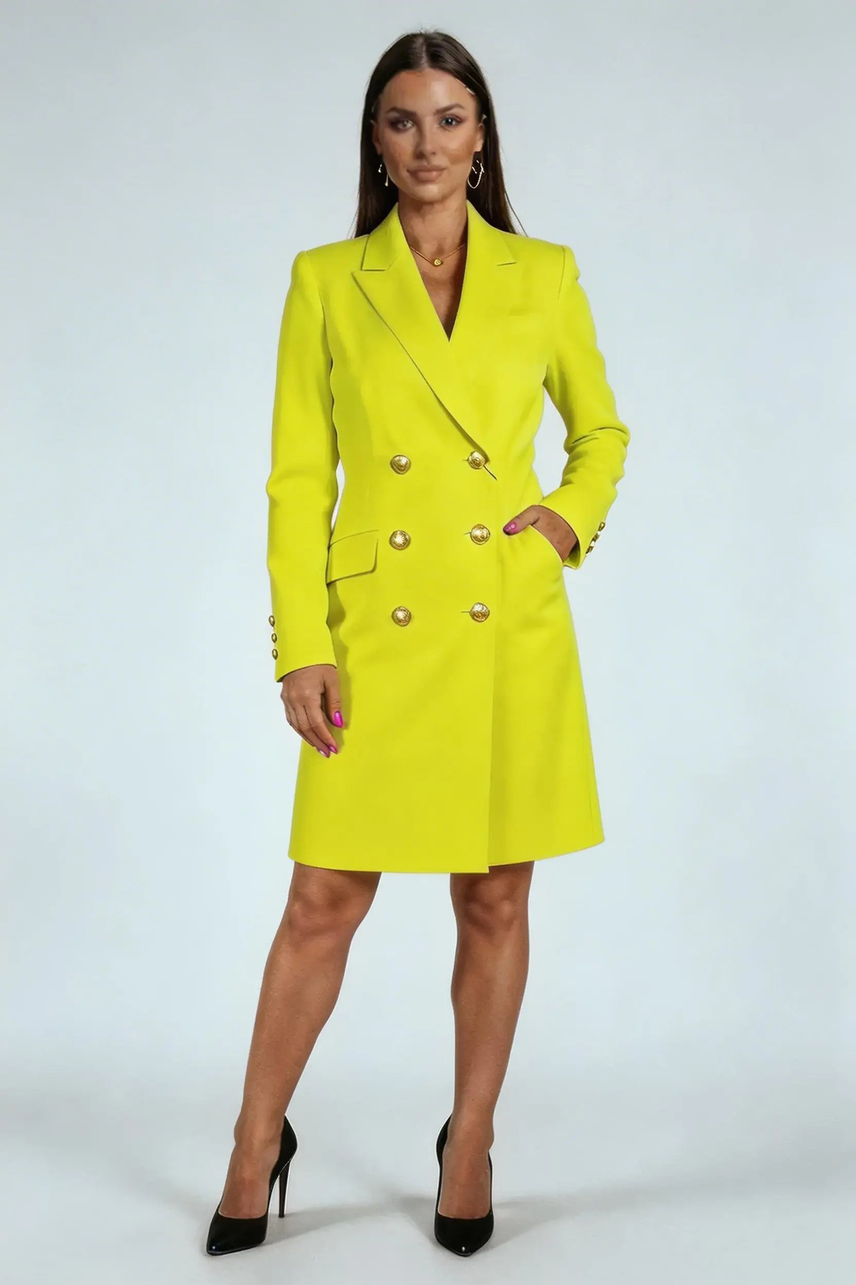 Elegantní Šaty Žaketová na přijímání a svatby Zlaté Knoflíky Limetka 38