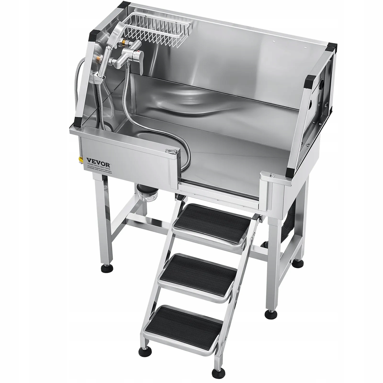 Groomerská vana pro psa 86 cm nerezová ocel se schůdky a sprchou