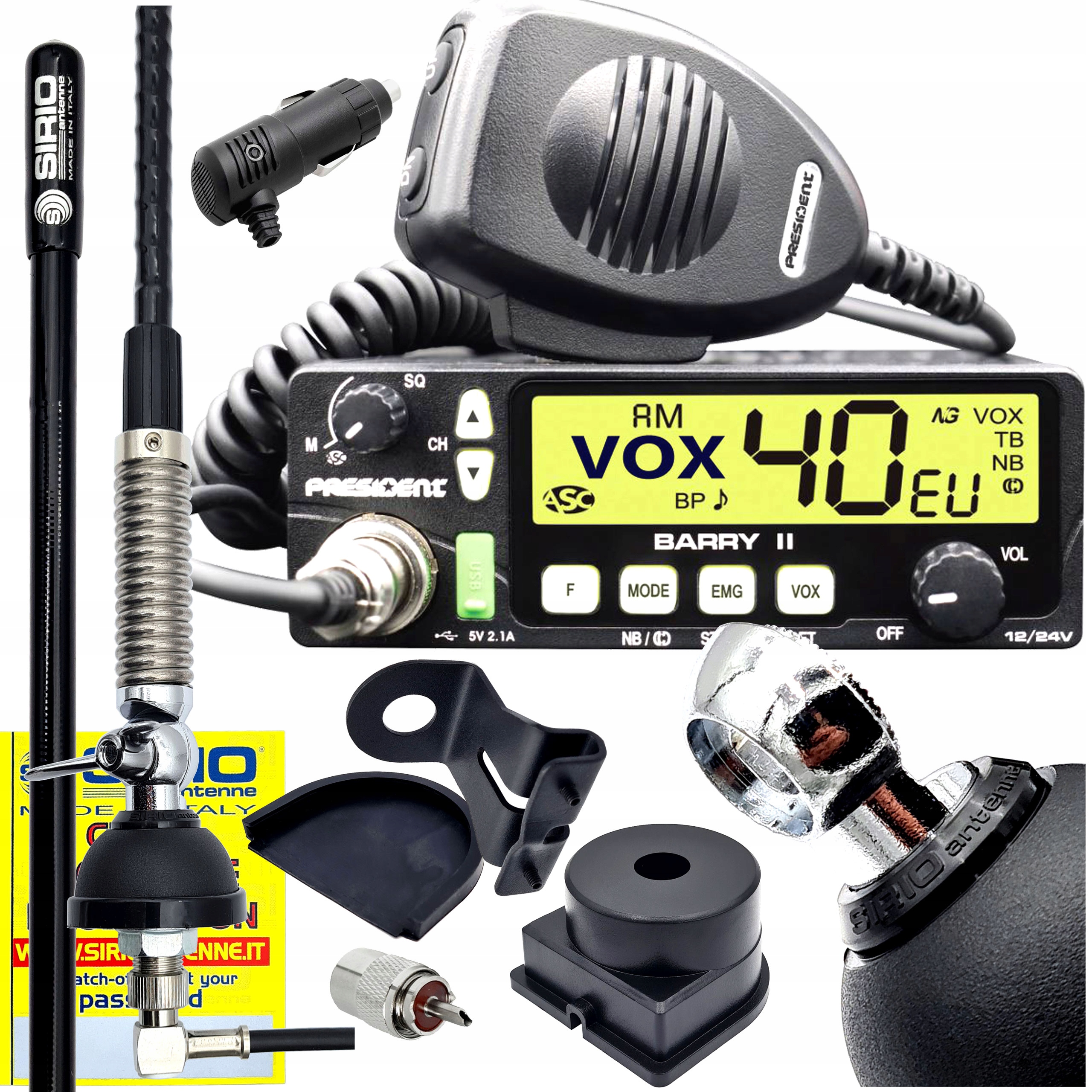sada Cb President Barry II+ Asc Vox helikální anténa Sirio 63 cm Bus osobó