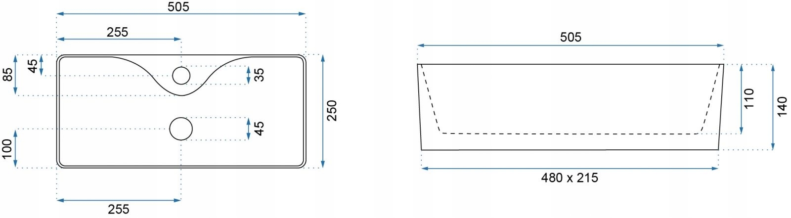 UMYWALKA NABLATOWA 50X25 CM PROSTOKĄTNA BIAŁA REA Maks. szerokość 25 cm