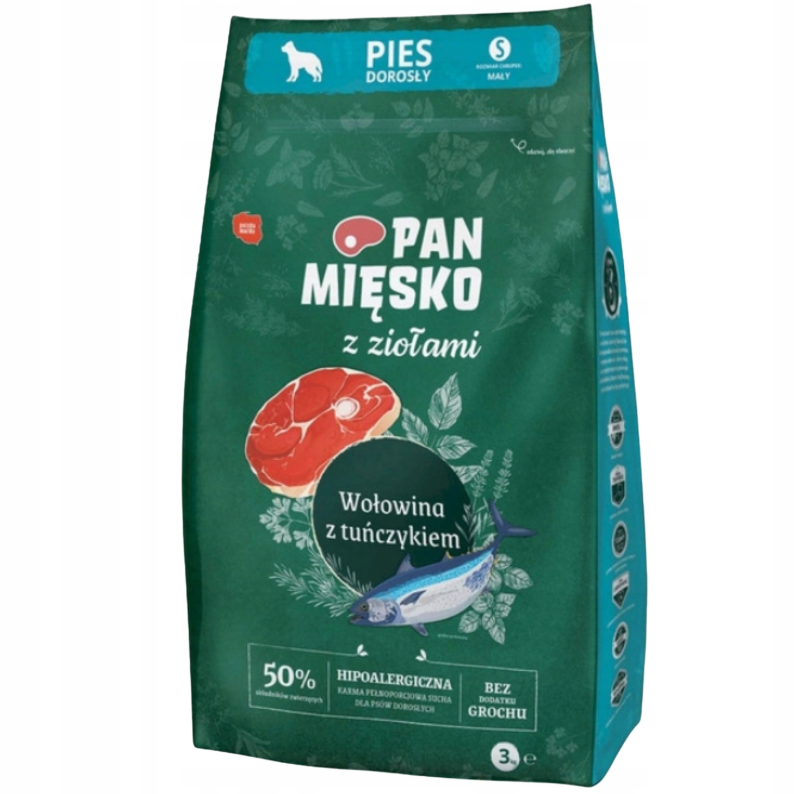 Levně Suché krmivo pro psa Hovězí tuňák Bylinky Pan Mięsko hypoalergenní S 3 kg