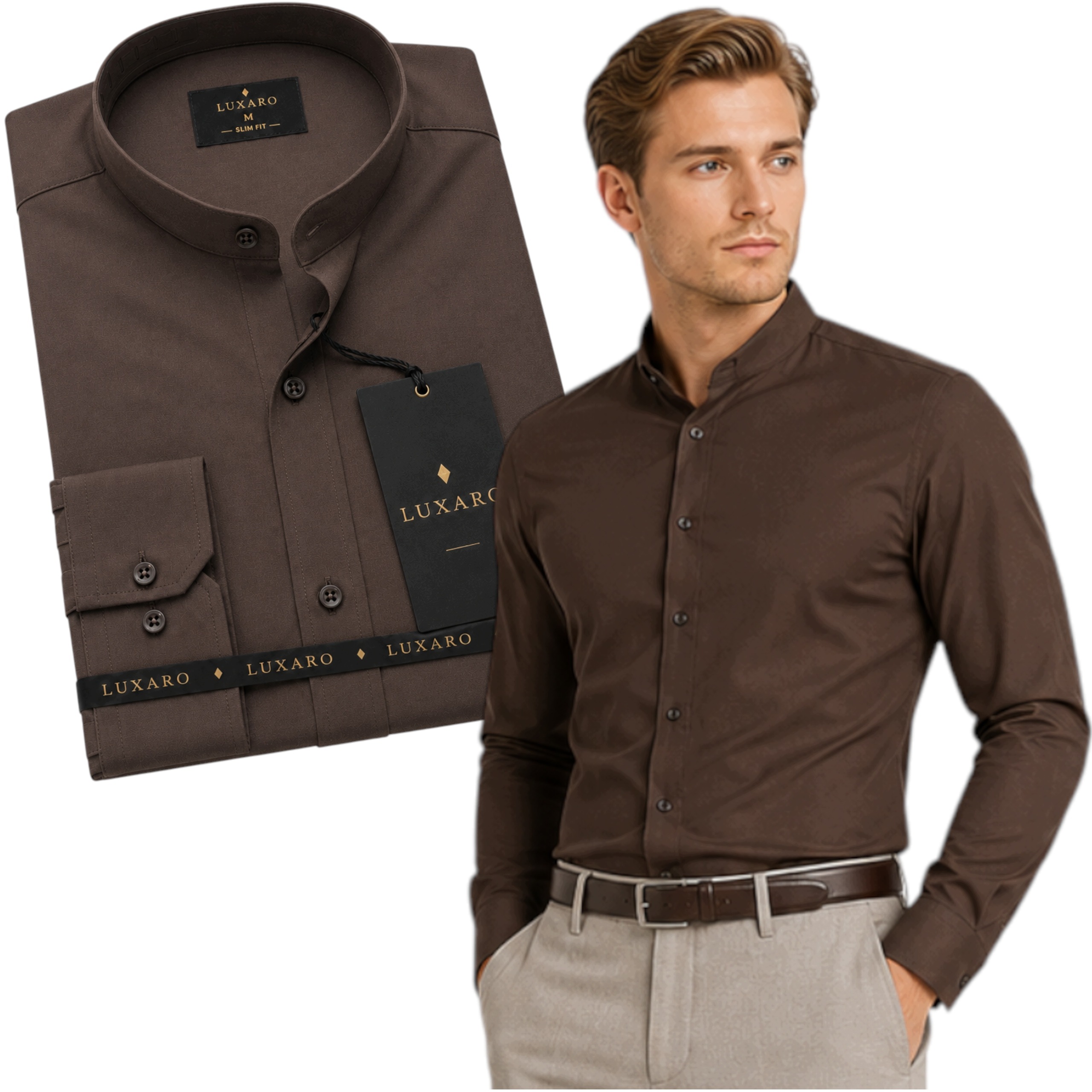 Brązowa Męska Koszula Stójka Gładka Bawełniana Slim Fit r. XXL