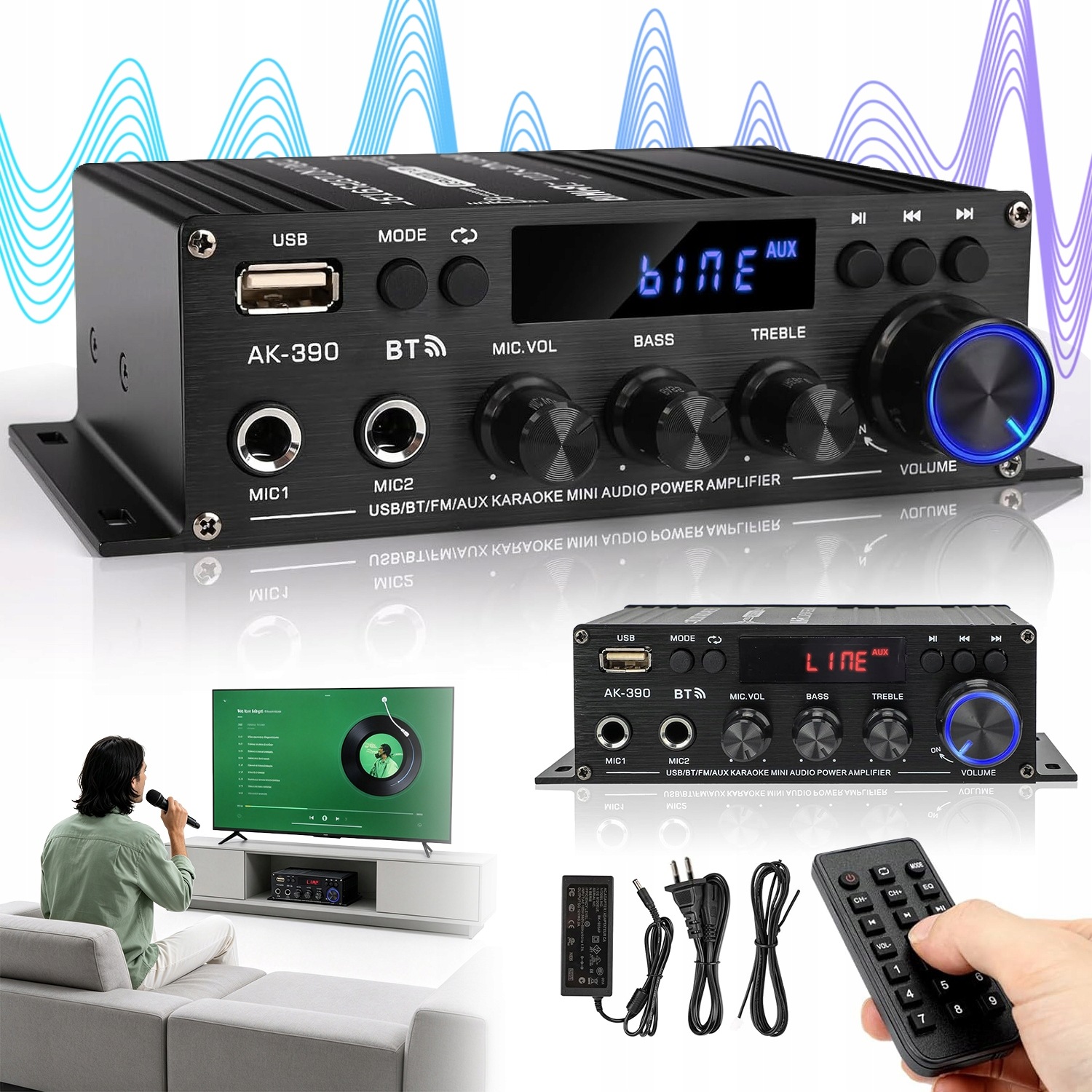 AK-390 Zesilovač Audio Fm Rádio Bluetooth 5.0 Hifi S Usb Sd A Aux A Dálkovým Ovládáním