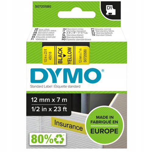 Taśma do drukarek D1 12mmx7m czarna/żółta S0720580 Dymo