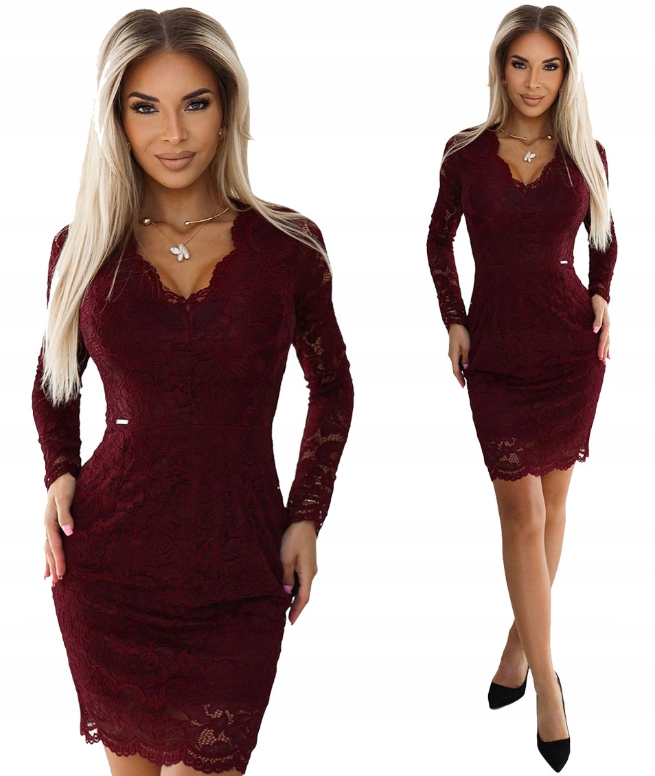 Elegantní Krajková Šaty S Výstřihem A Dlouhým Rukávem, Tmavě Vínová S