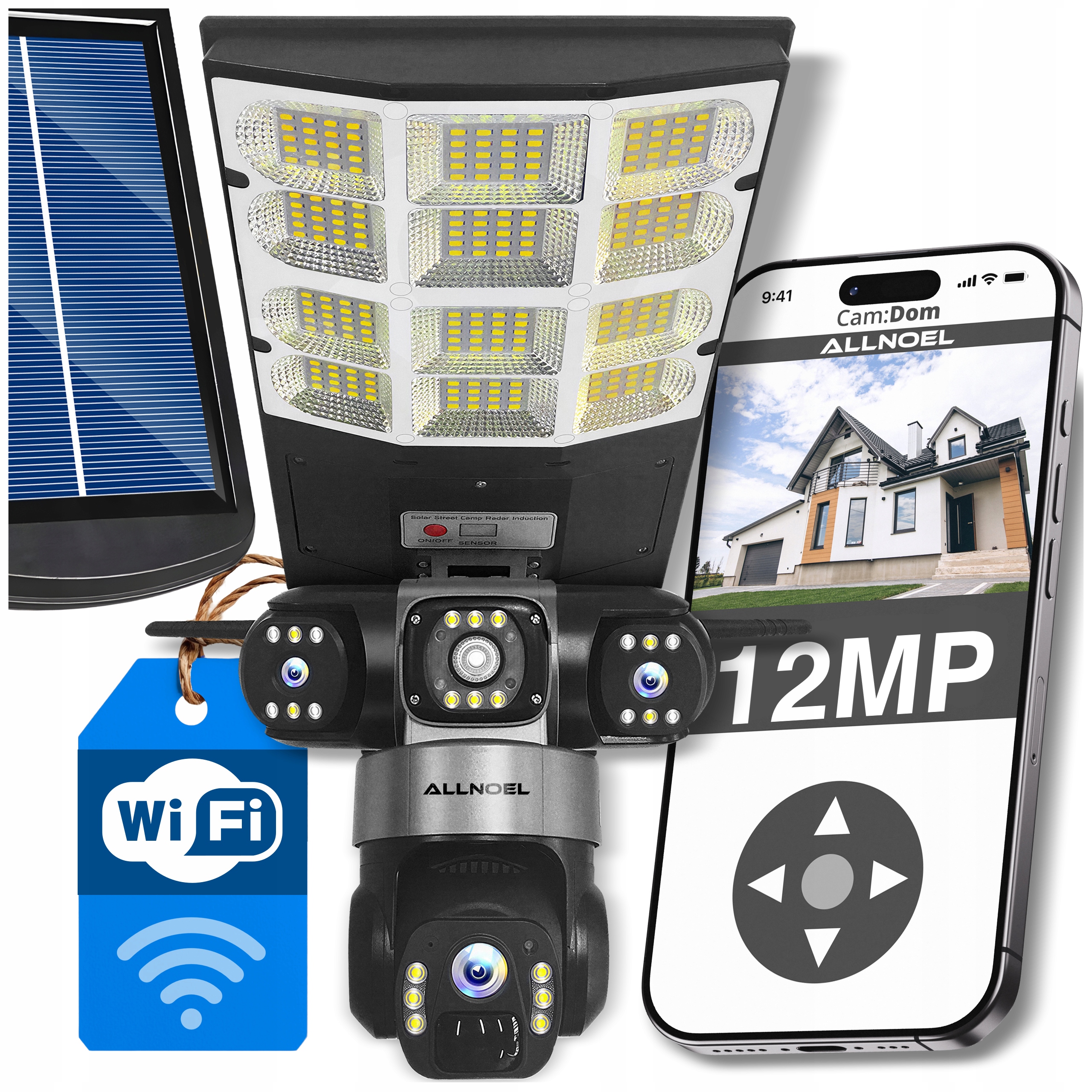 Solárna Rotačná Kamera 3 Objektívy 12MPx WiFi Bezdrôtová Lampa Pilot