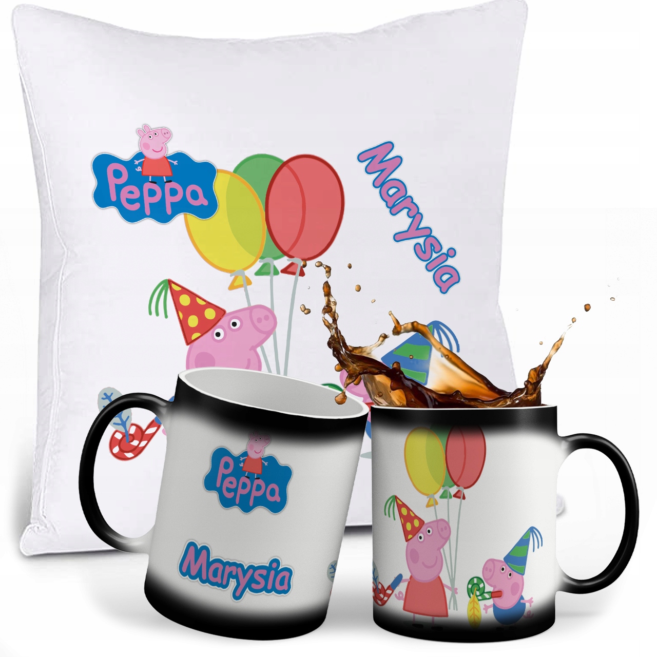 

Zestaw Świnka Peppa Magiczny Kubek Poduszka Imie