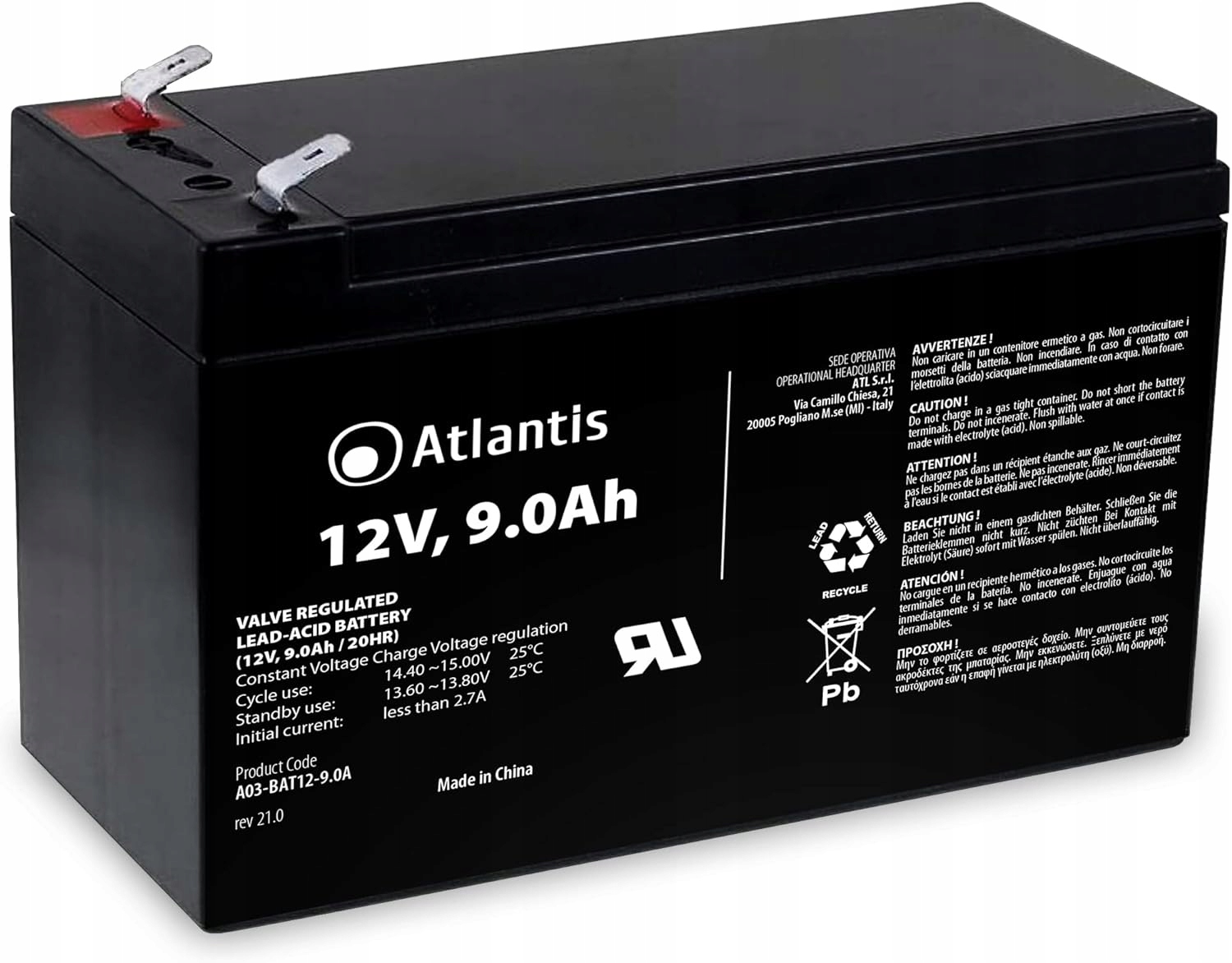 Akumulator ołowiany Atlantis 12 V 9 Ah | A03-BAT12-9.0A