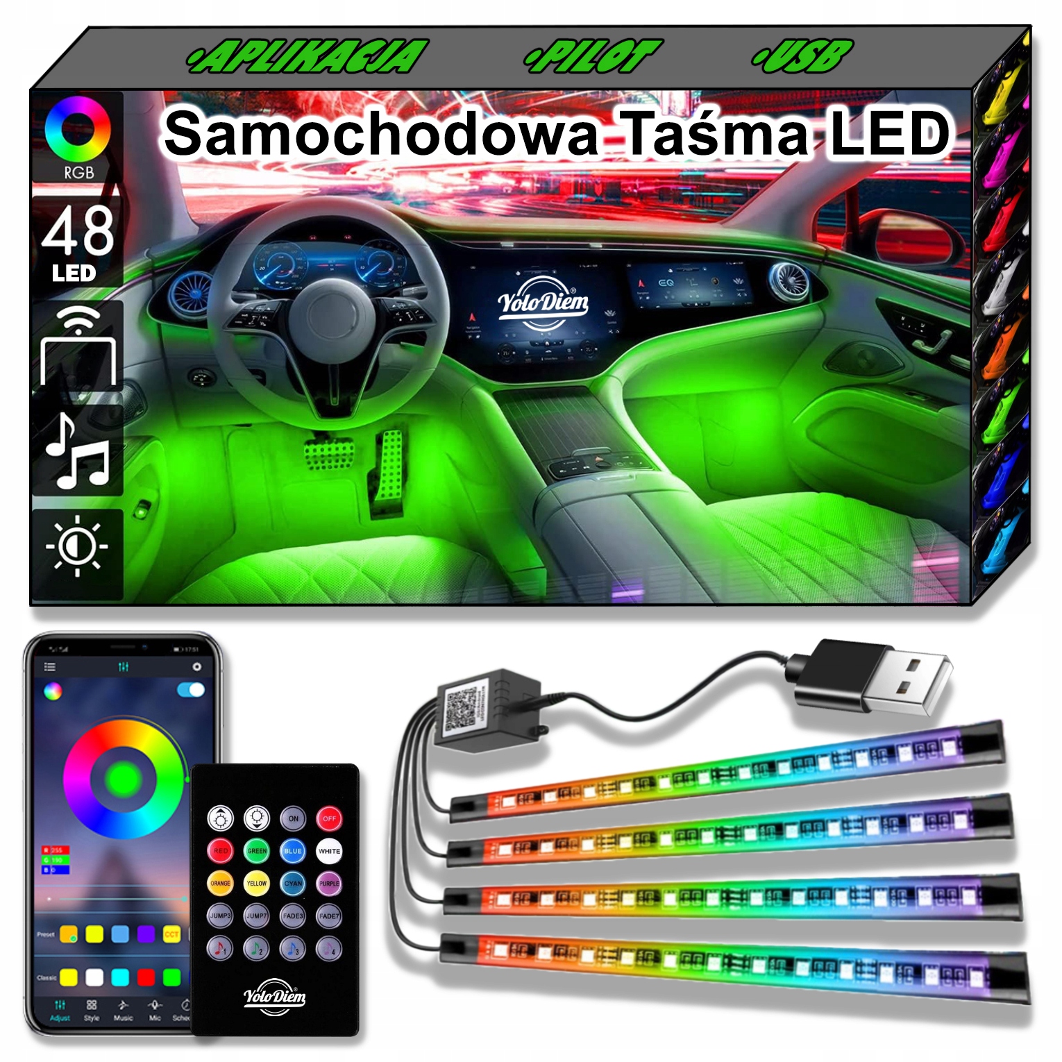 TAŚMA LED do Samochodu USB Oświetlenie LED do Samochodu RGB Pilot Aplikacja