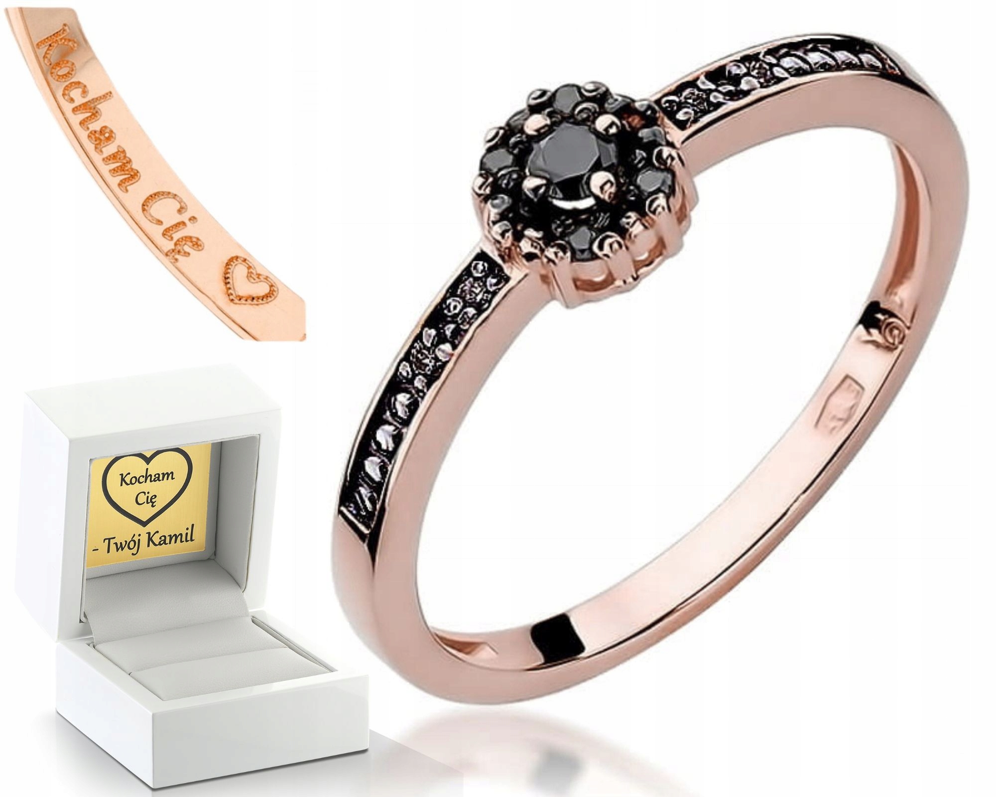 Zásnubní Prstýnek Černé Brilianty Růžové Zlato Gravírování 585 Bonus
