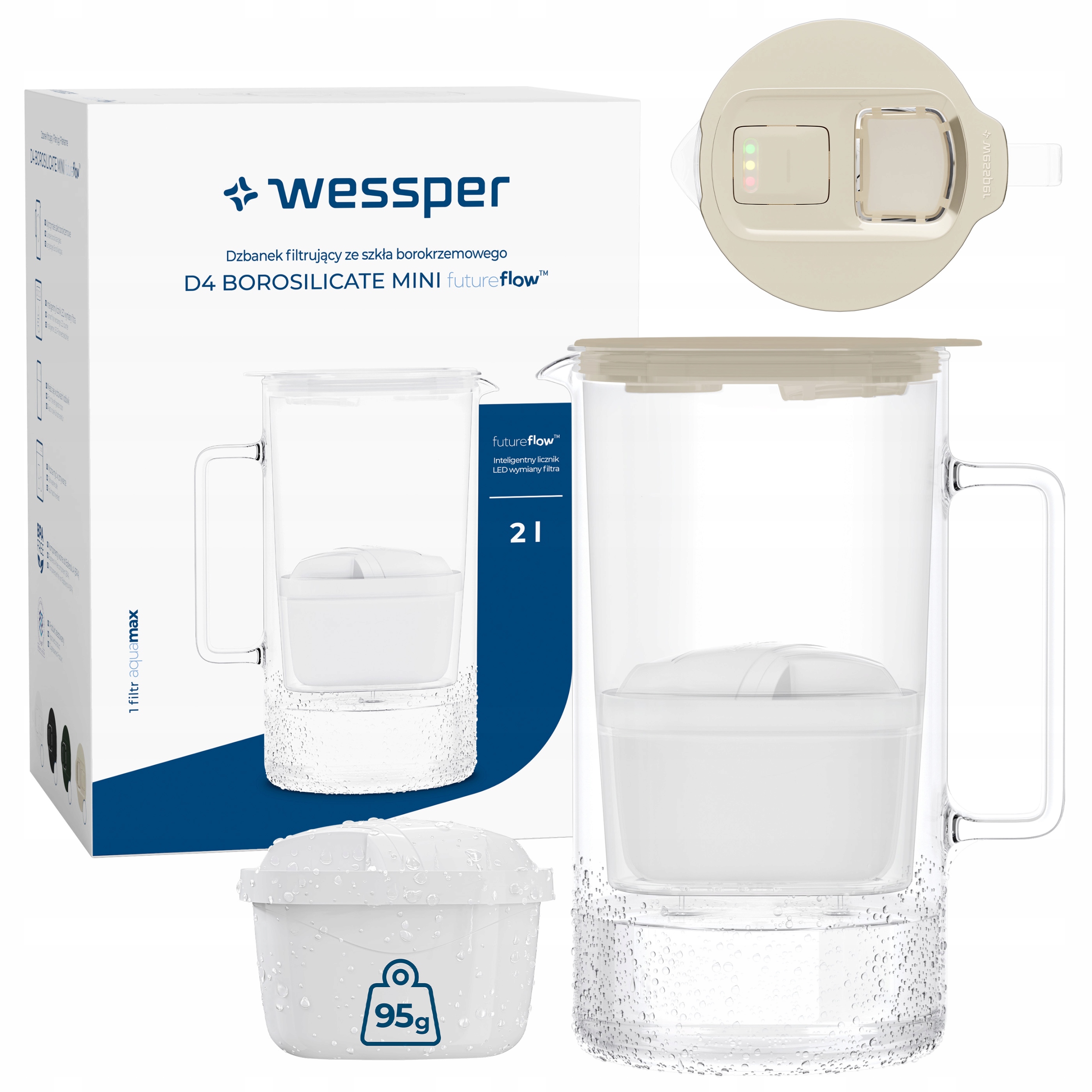 Dzbanek filtrujący szklany Wessper D4 Borosilicate Mini Ff 2l 2x filtr