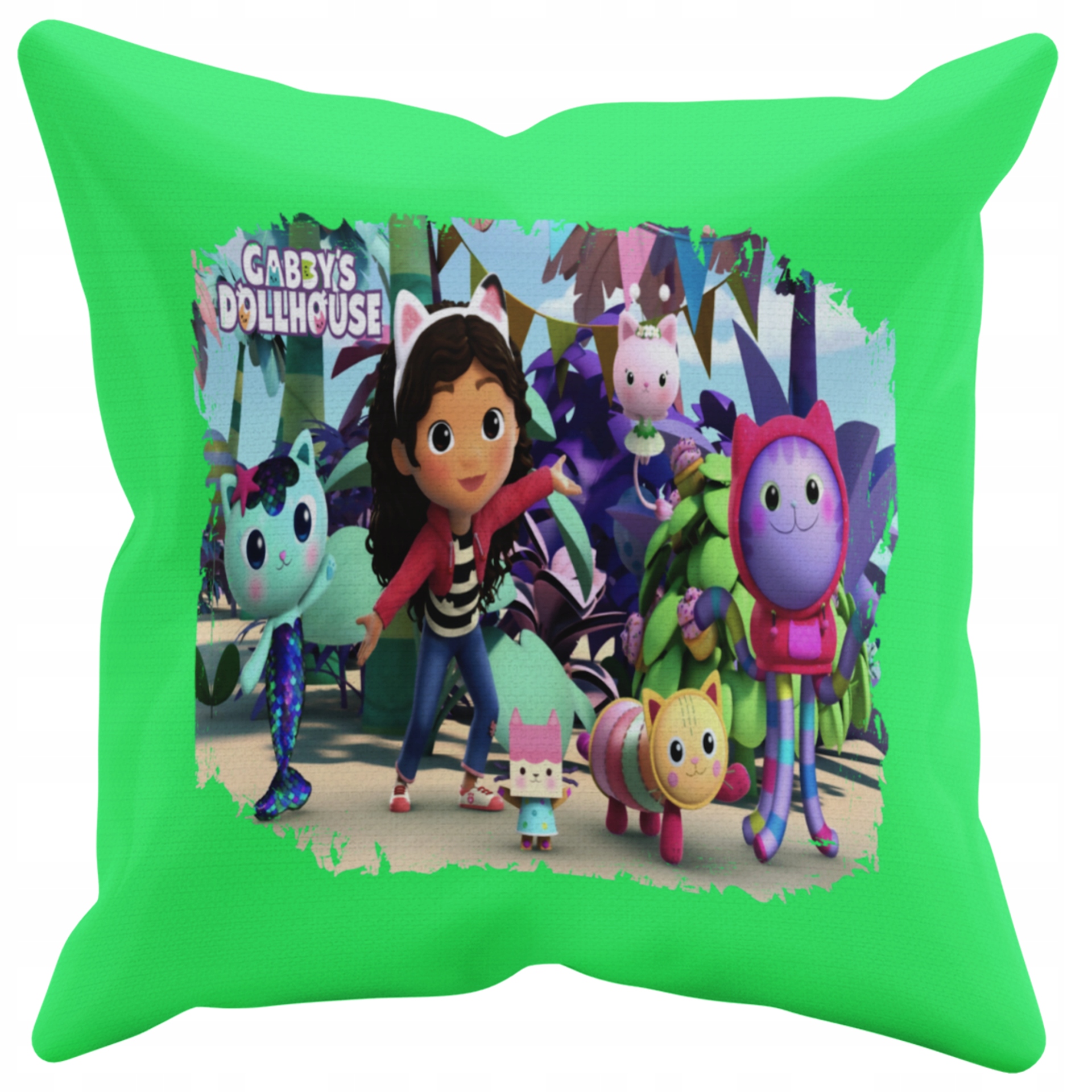 POSZEWKA NA PODUSZKĘ JAŚKA DO PRZEDSZKOLA KOCI DOMEK GABI + IMIĘ GRATIS Kolor dominujący odcienie zieleni