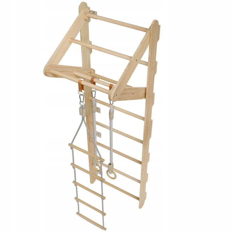 Dětské dřevěné žebřiny s hrazdou, kruhy, provazovým žebříkem