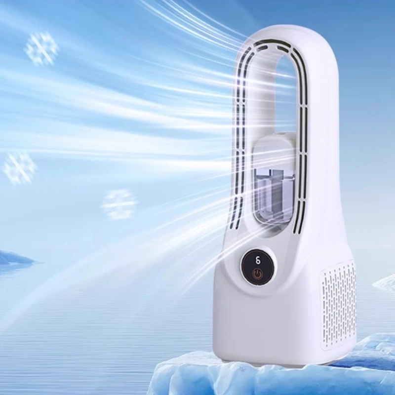 Tichý bezlopatkový ventilátor s Led zvlhčovačem a baterií 3000 mAh