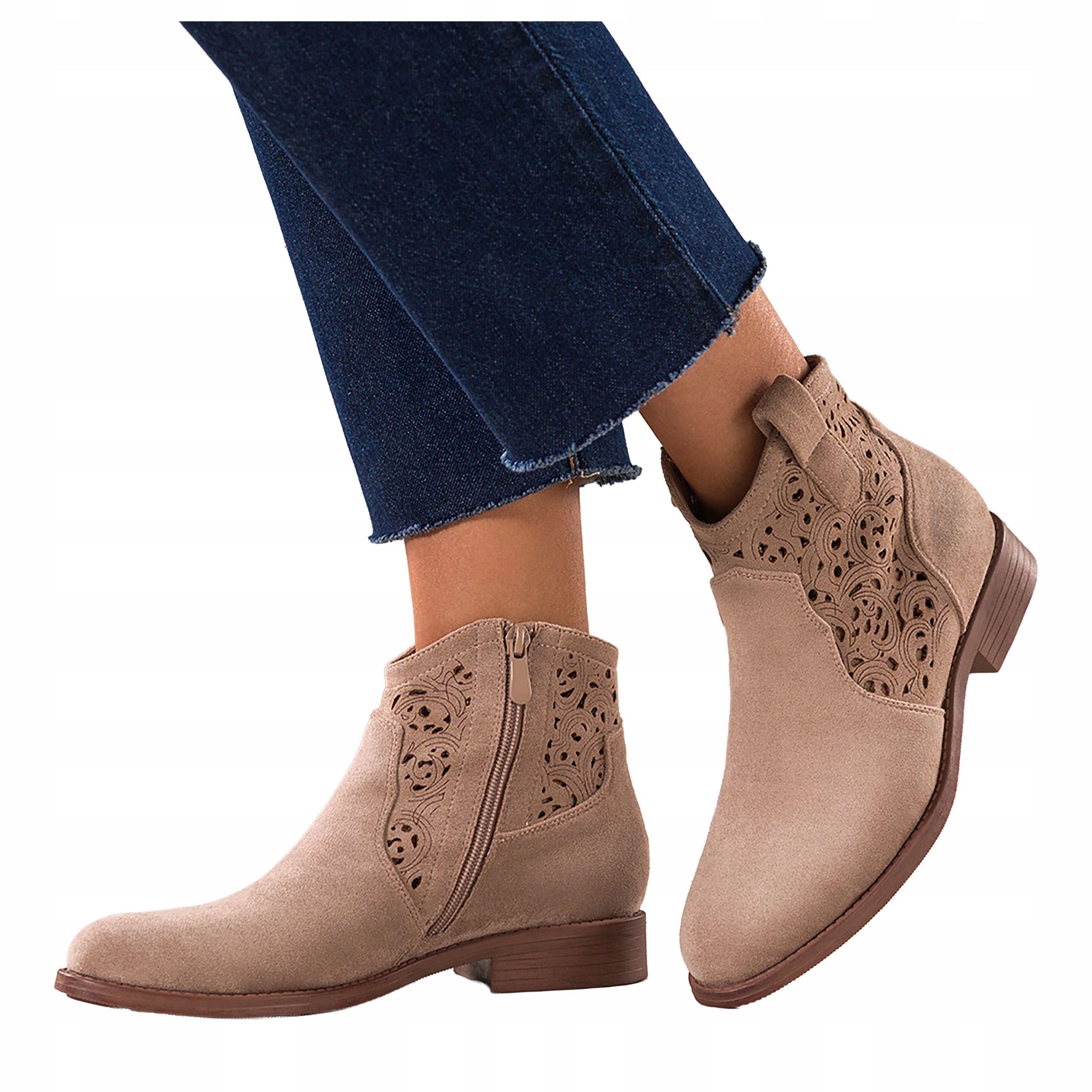 Kotníkové Boty Béžové Dámské Ploché Ažurové Svršek Semišové Pohodlné Módní r 36