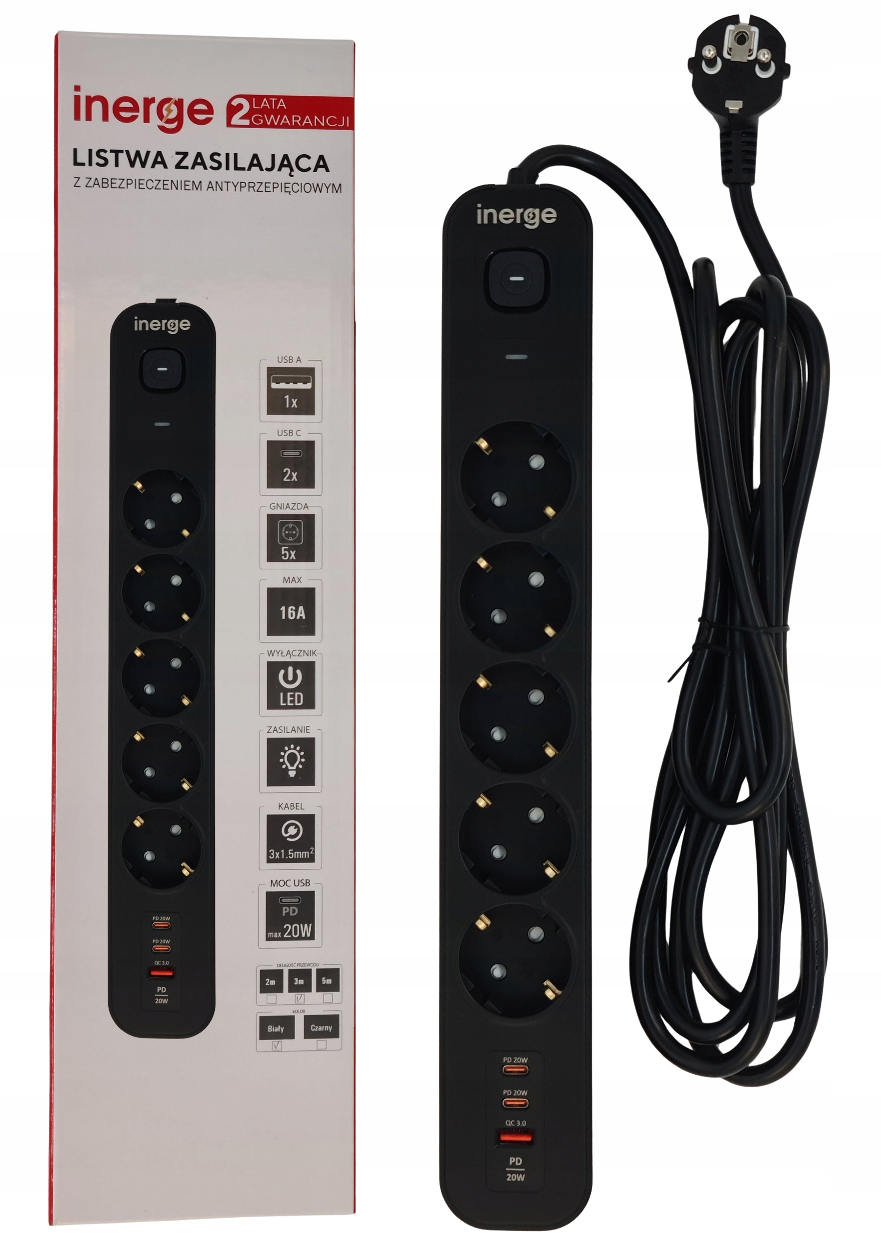Listwa Zasilająca Antyprzepięciowa 5 Gniazd 3m 3x1,5MM² 3x Usb PD20W QC18W