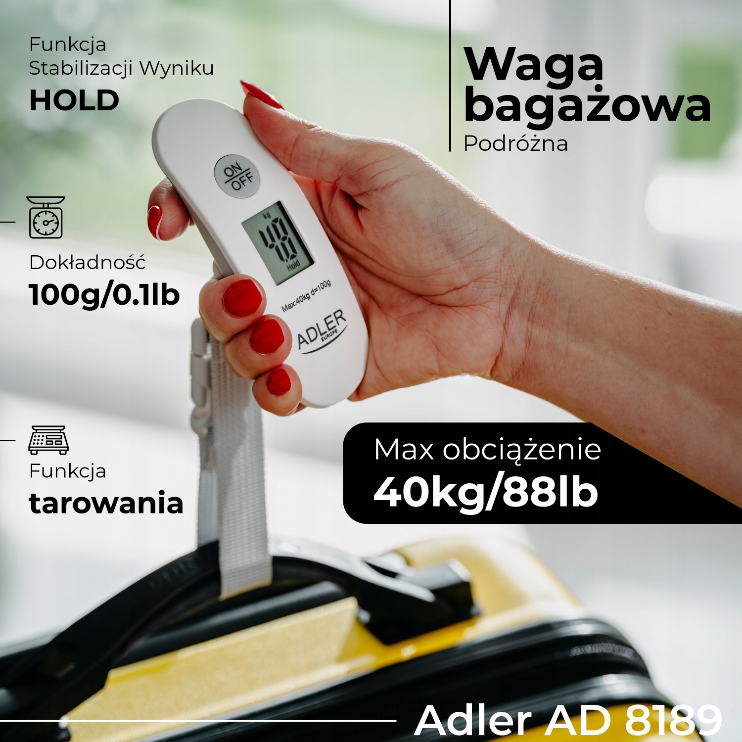 Waga Bagażowa Podróżna Adler AD 8189 40kg Dokładna LCD Kompaktowa