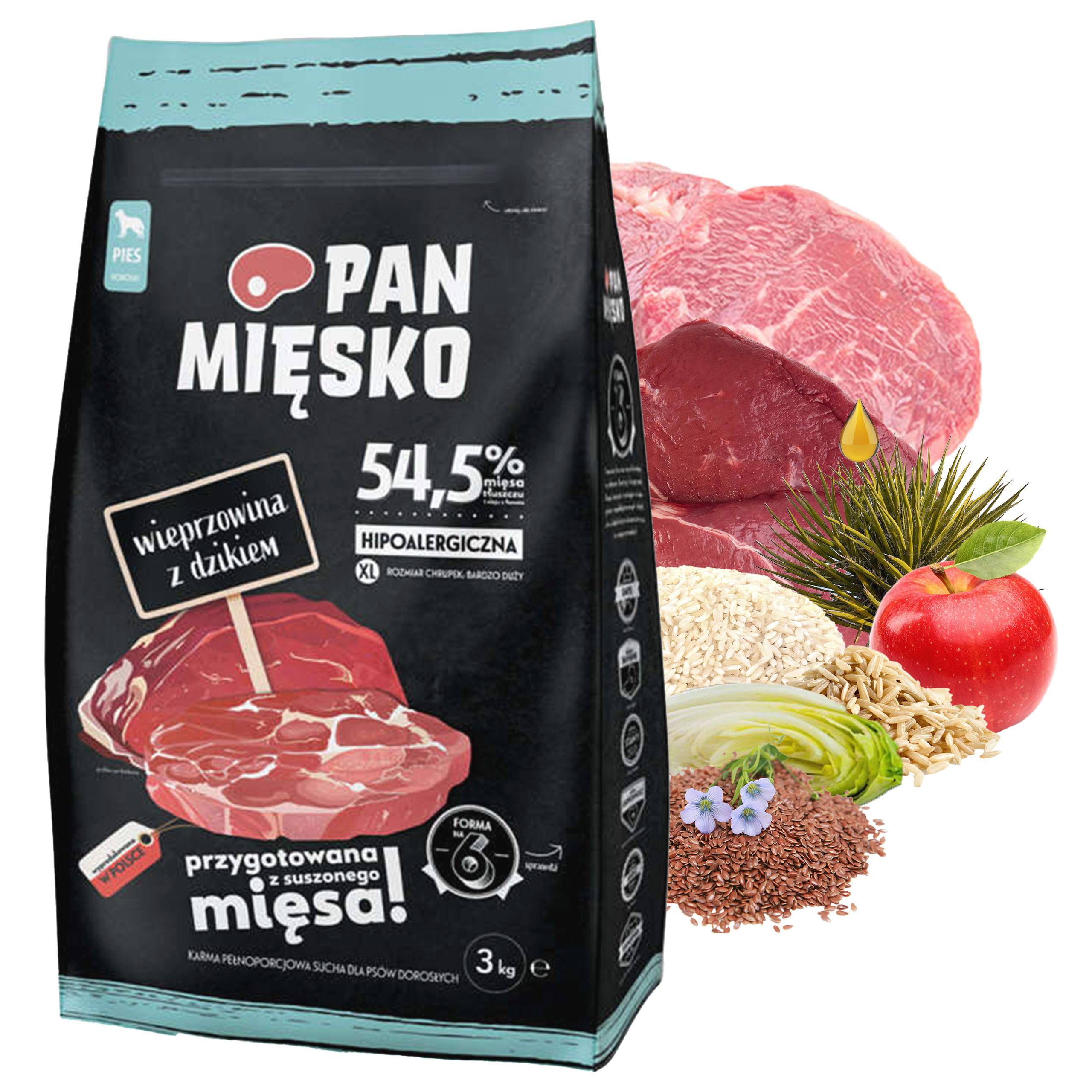 Levně Pan Mięsko suché krmivo pro psa vepřové s divokými křupkami XL 3 kg
