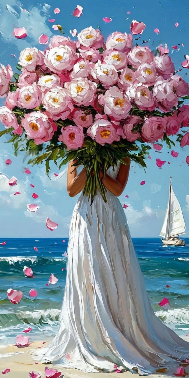 Diamantová výšivka Žena Květiny Růžová Kytice Příroda Pláž Moře XXL 40x80 cm