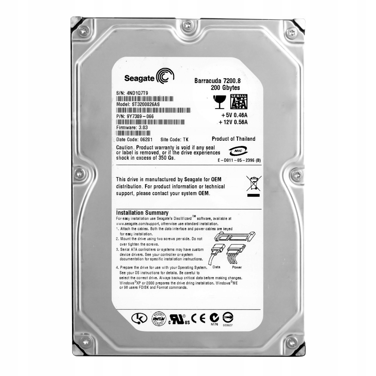 Seagate Barracuda 7200.8 200GB 7.2K 8MB Sata 3.5'' ST3200826AS