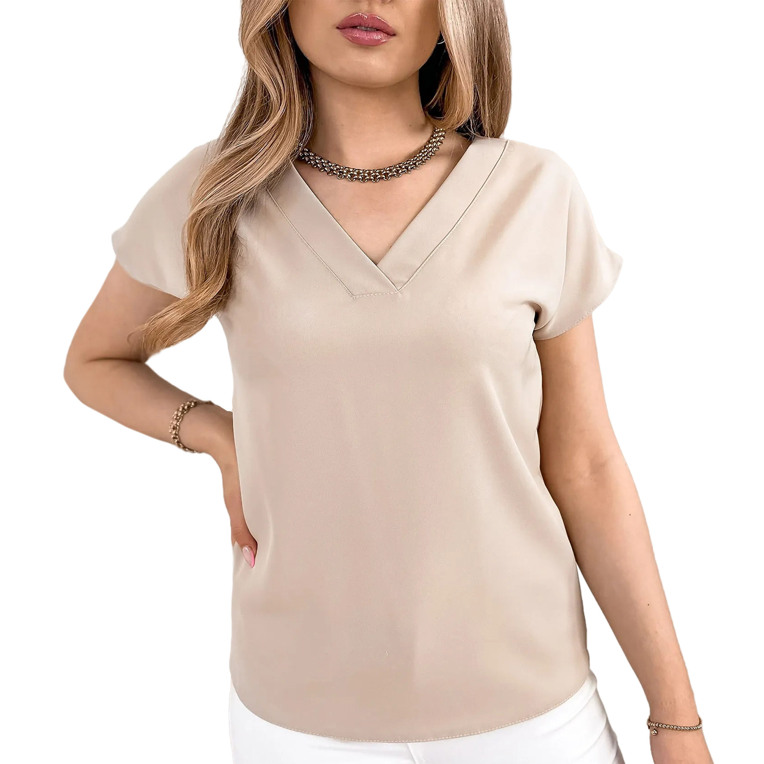 

Delikatna zwiewna Bluzka dekolt V beżowa 40