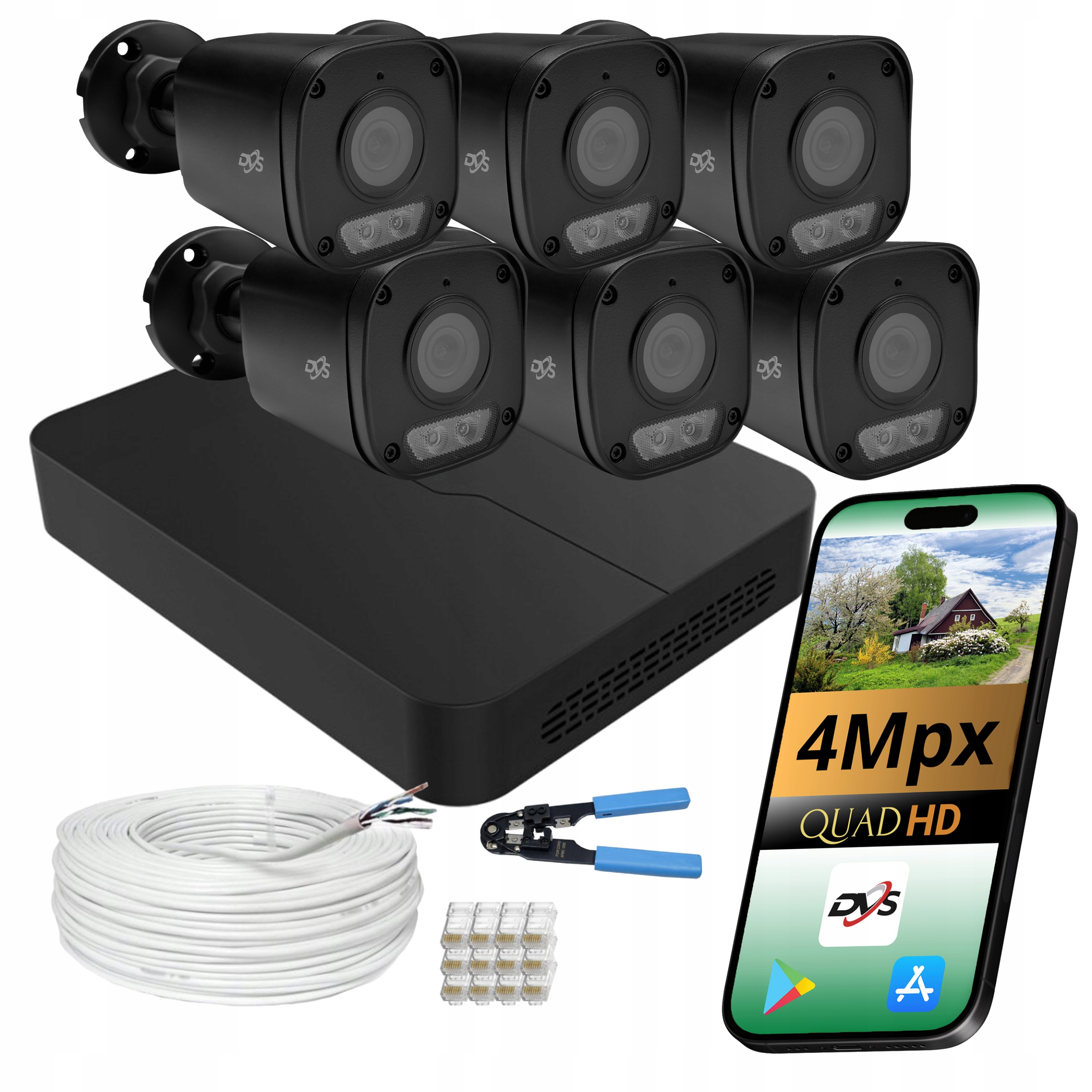 Sada Pro Monitorování Domu 6 černých tubusových Ip kamer PoE 4Mpx Dual Light