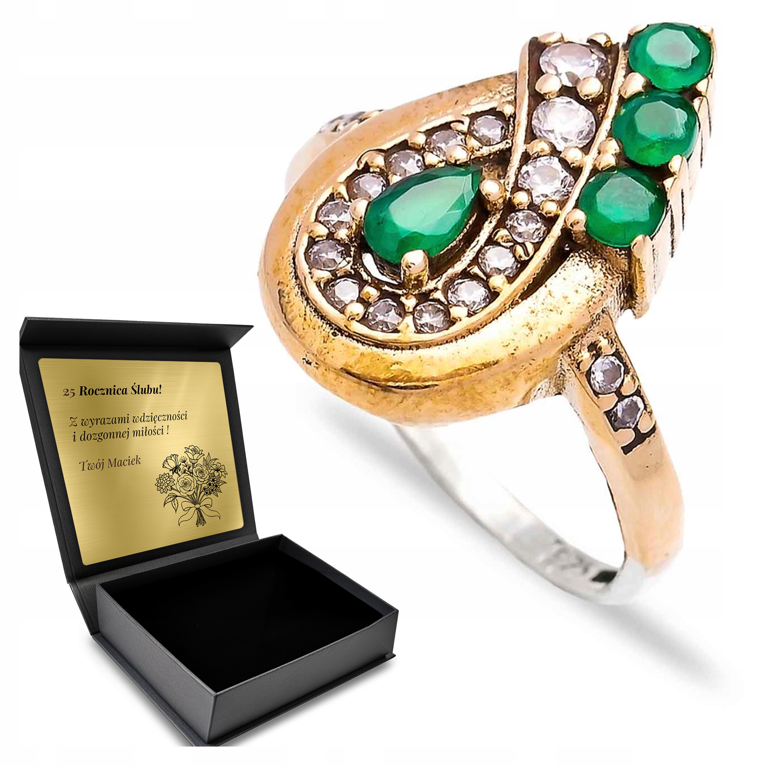 Prstýnek Šerbny 925 Zirkony Smaragd Šperky Pro Ženy Gravírování