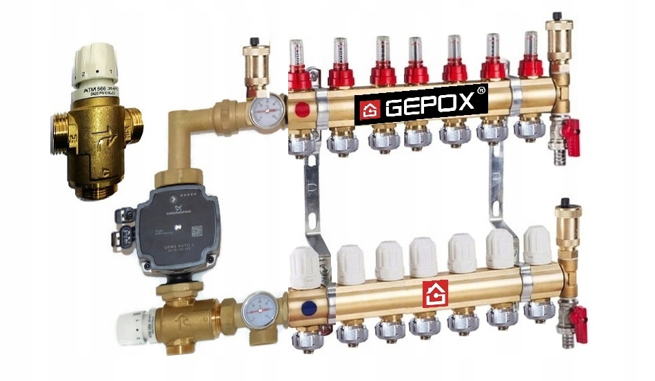 Rozdělovač pro podlahové vytápění 7 okruhů sekcí s čerpadlem