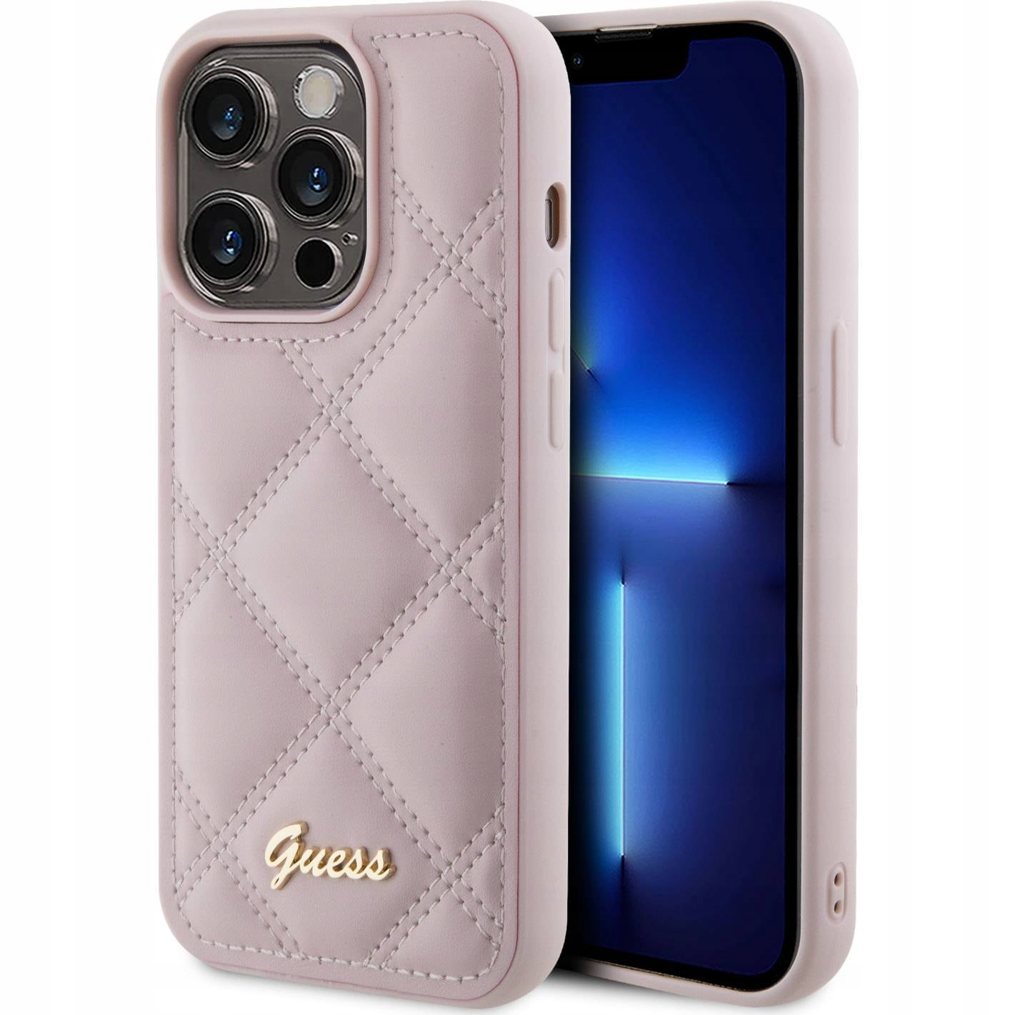 Guess Quilted Metal Logo Pouzdro pro iPhone 15 Pro (růžové)