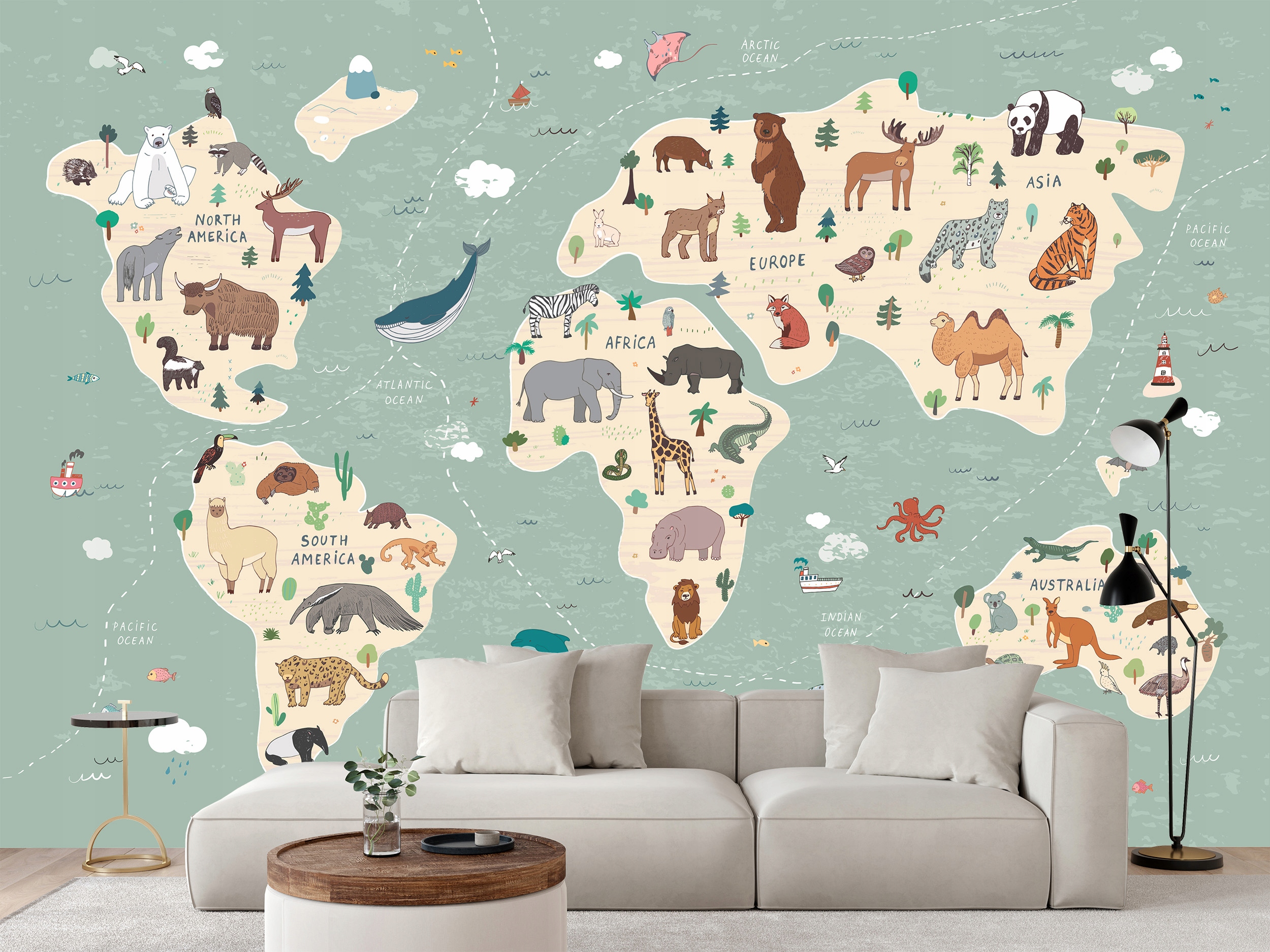 Fototapeta Mapa Sveta Kontinentov A Zvierat Pre Deti 360 x 240 cm