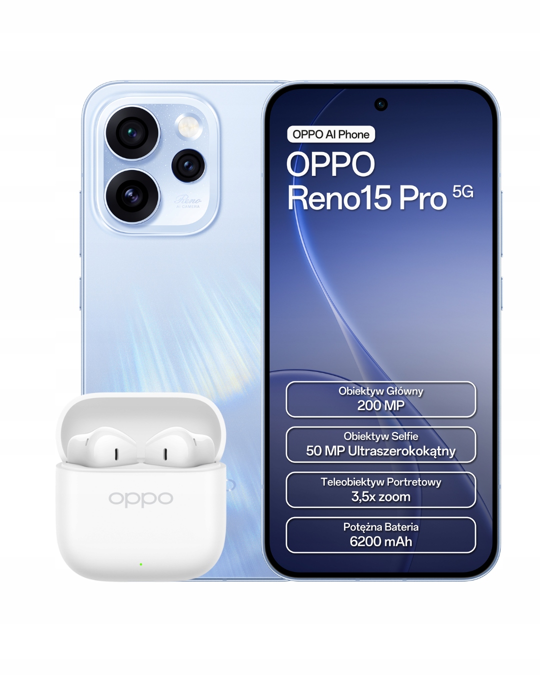 Smartfon Oppo Reno15 Pro 5G 12/512 Gb niebieski Oppo Enco Buds 3 białe