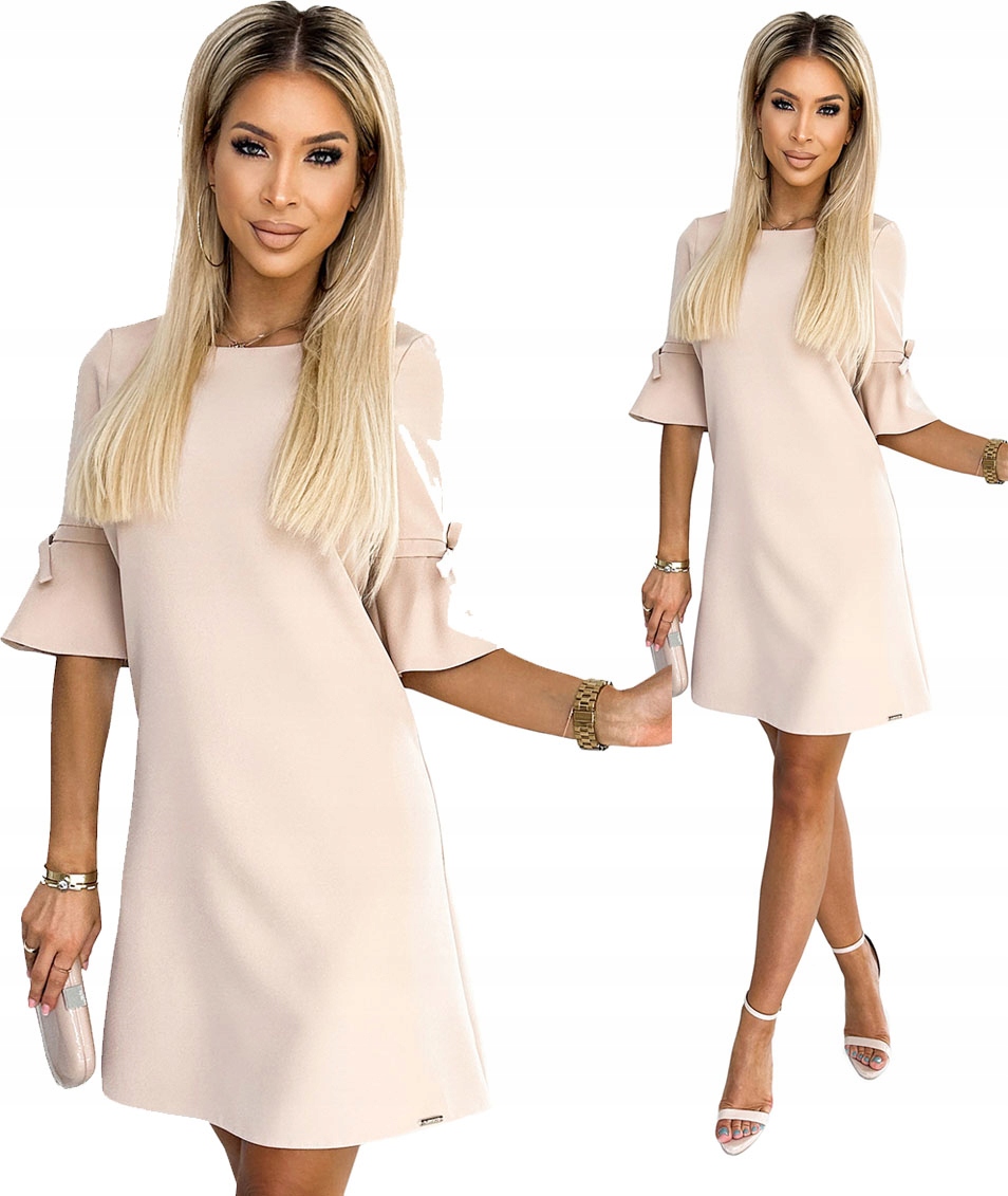 Krásná Lichoběžníková Šaty Před Kolenem S Rozevřenými Rukávy Béžová S