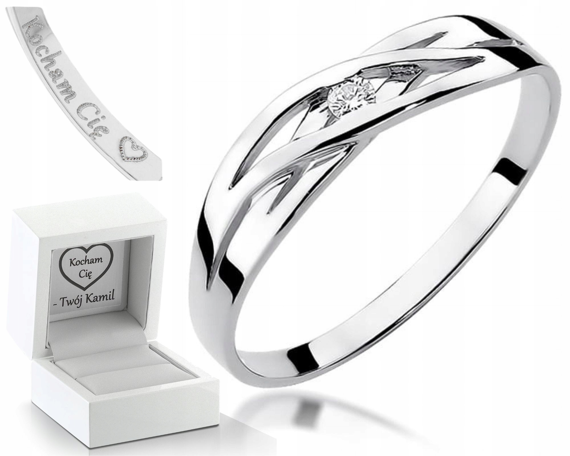 Bílé Zlato Zlatý Prstýnek Zásnubní Diamant Gravírování Bonus 585 Dárek