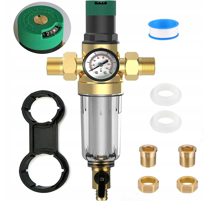 Reduktor Ciśnienia Wody 1 Cala 3/4 Manometr+filtr Długi Z Zaworem