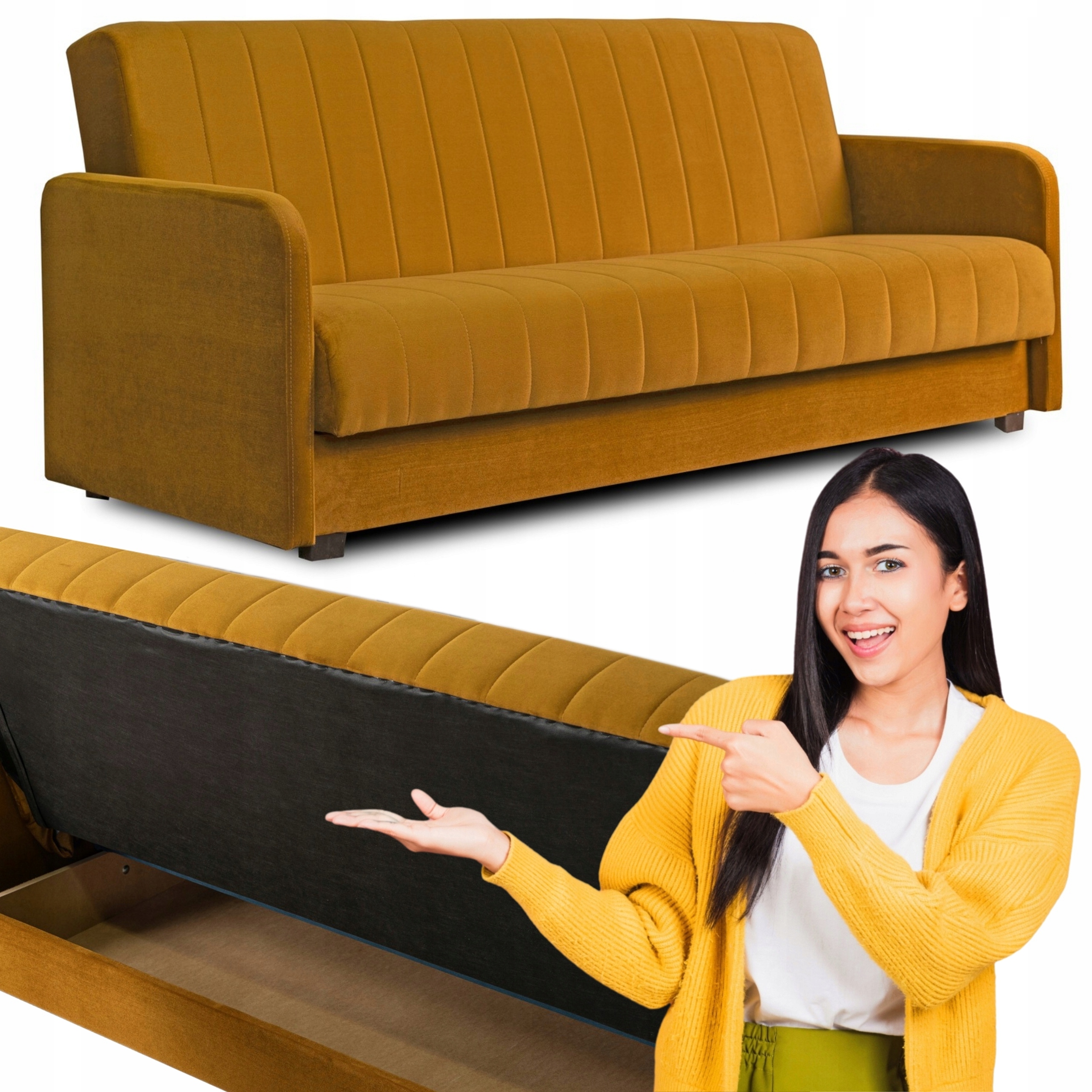 Rozkládací pohovka Hořčicová Velurová Pohovka s funkcí spaní Porto