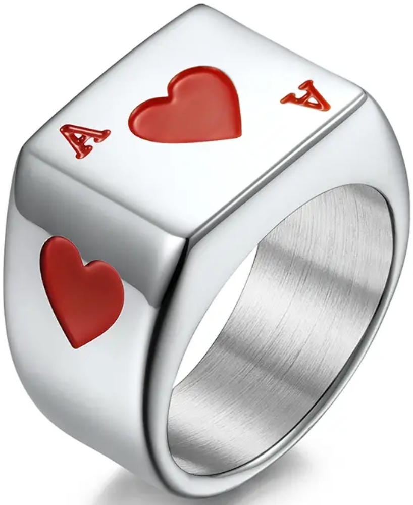 Stříbrný Sygnet Ace of Hearts As kier Srdce Poker Karty Ocel Ušlechtilá