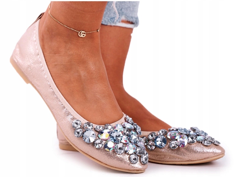 Miękkie Skórzane Baleriny Z Kamieniami Złote 36