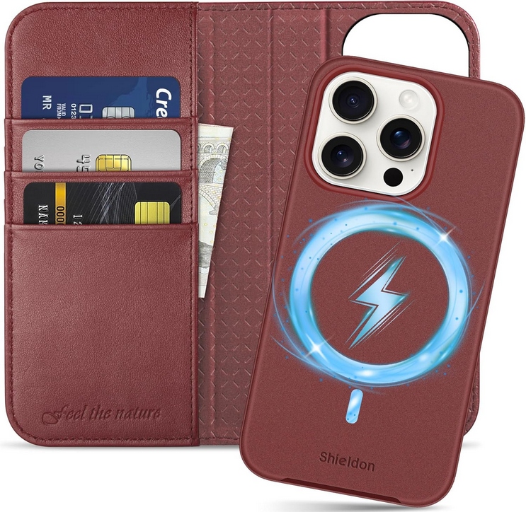 Pouzdro Peněženka 2v1 z Bordové kůže pro iPhone 15 Pro Zadní Kryt a klapka