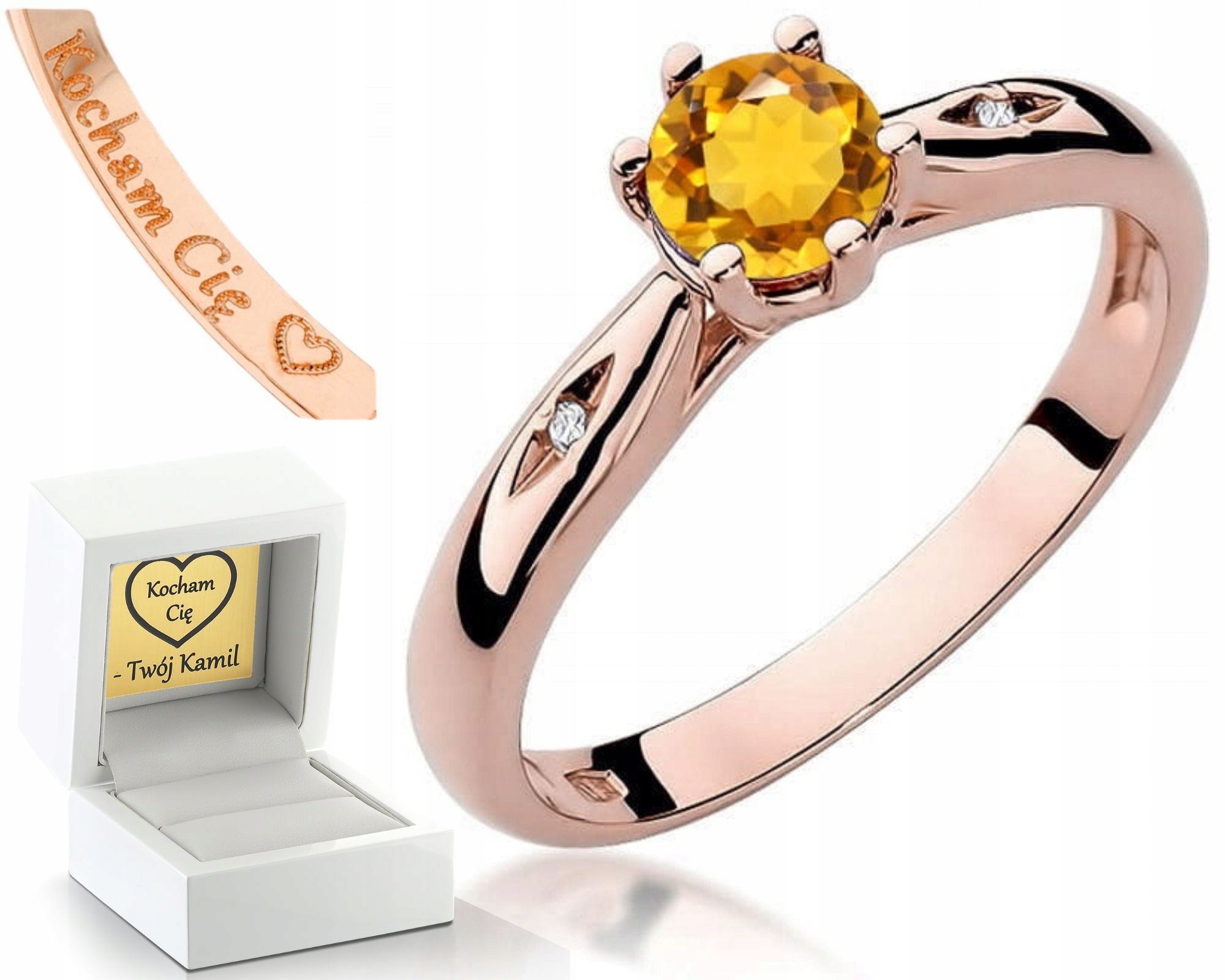 Prstýnek S Citrínem A Diamantem, Růžové Zlato, Gravírování Bonus