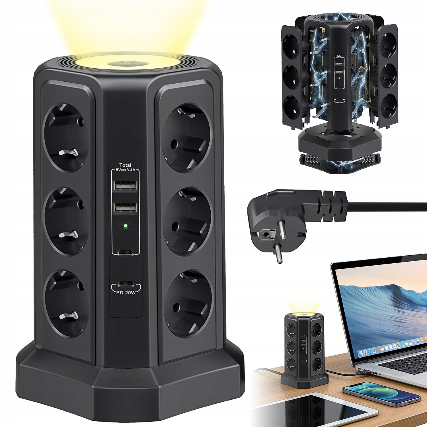 Zásuvková Lišta Věž 12 Zásuvek 4 Usb C Pd 20W Přepěťová Ochrana 4000W