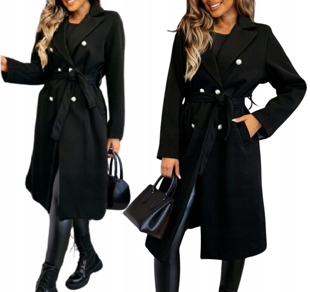 Płaszcz Damski Wiosenny Długi Prążkowany Guziki podszewka Czarny