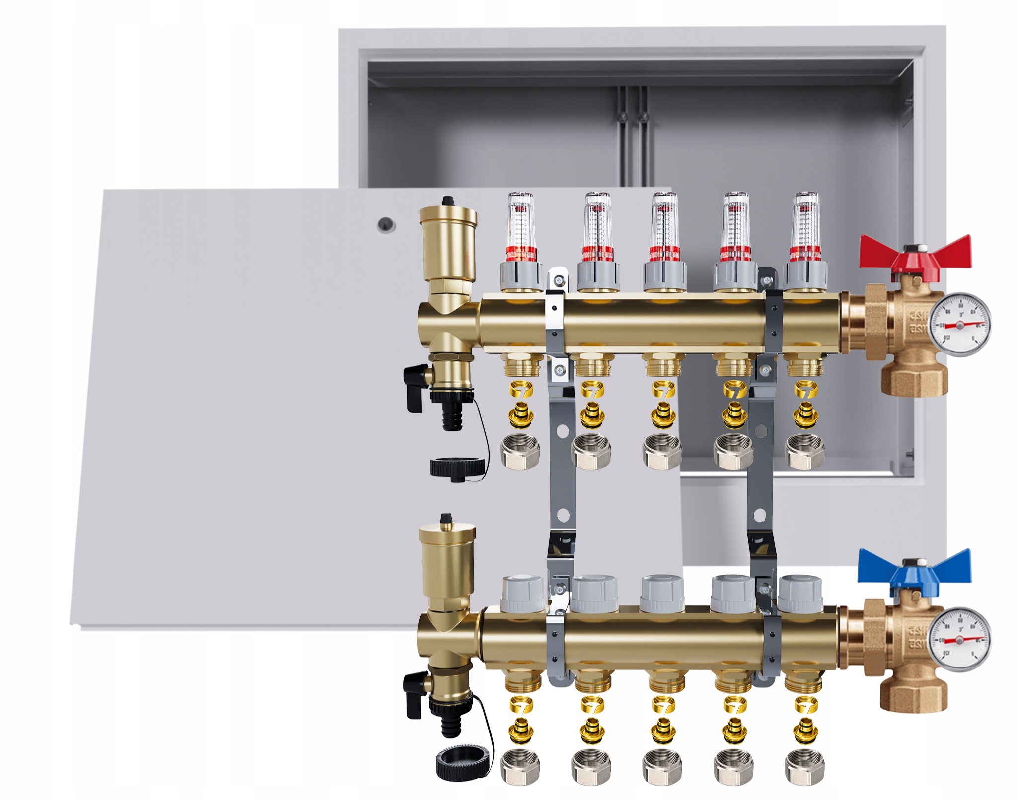 Rozdělovač podlahy 5 okruhů kulové ventily teploměry krabička Pex