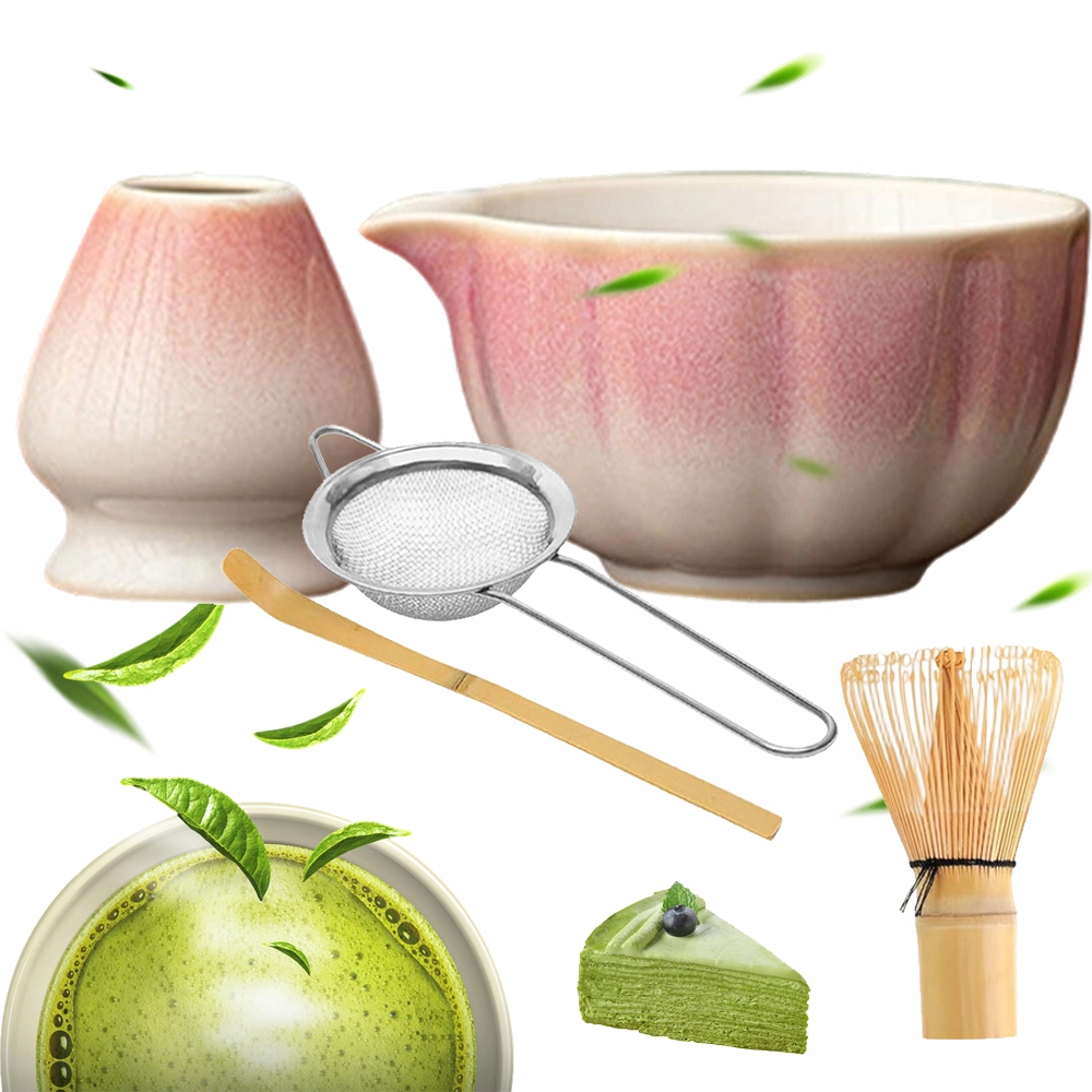 Levně Dárková Sada Na Čaj Matchy Chashaku Šlehací Metla Lžíce Růžovobílá