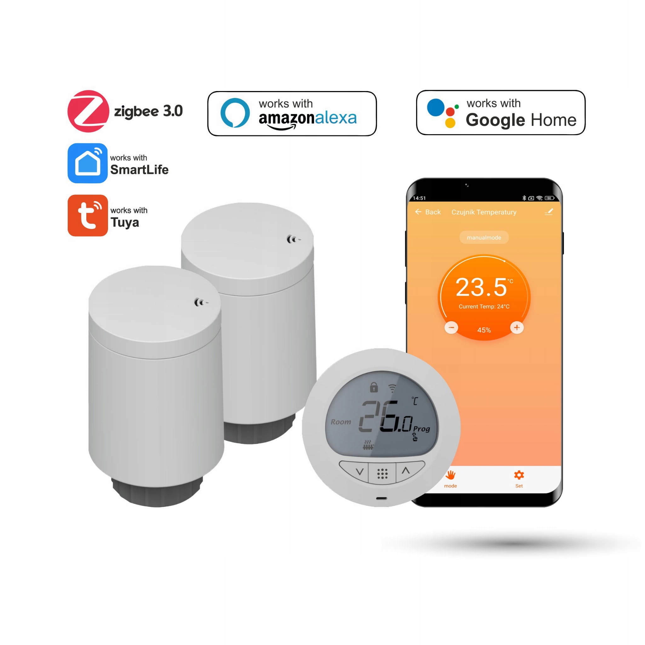 Súprava s dvoma termostatickými hlavicami a termostatom Zigbee Tuya