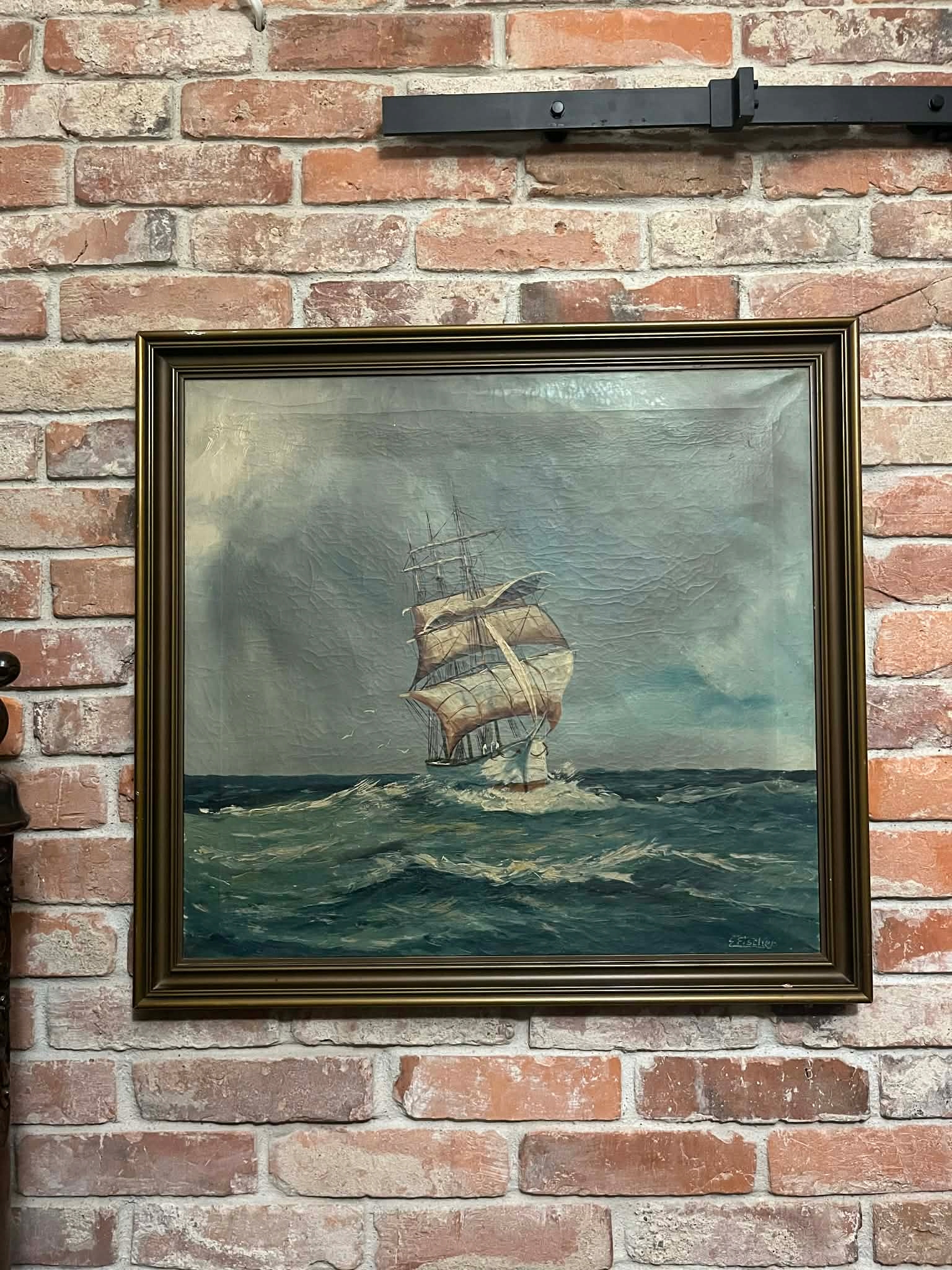 STARY OBRAZ OLEJNY MAJESTATYCZNY TRZYMASZTOWY ŻAGLOWIEC - E. FISCHER