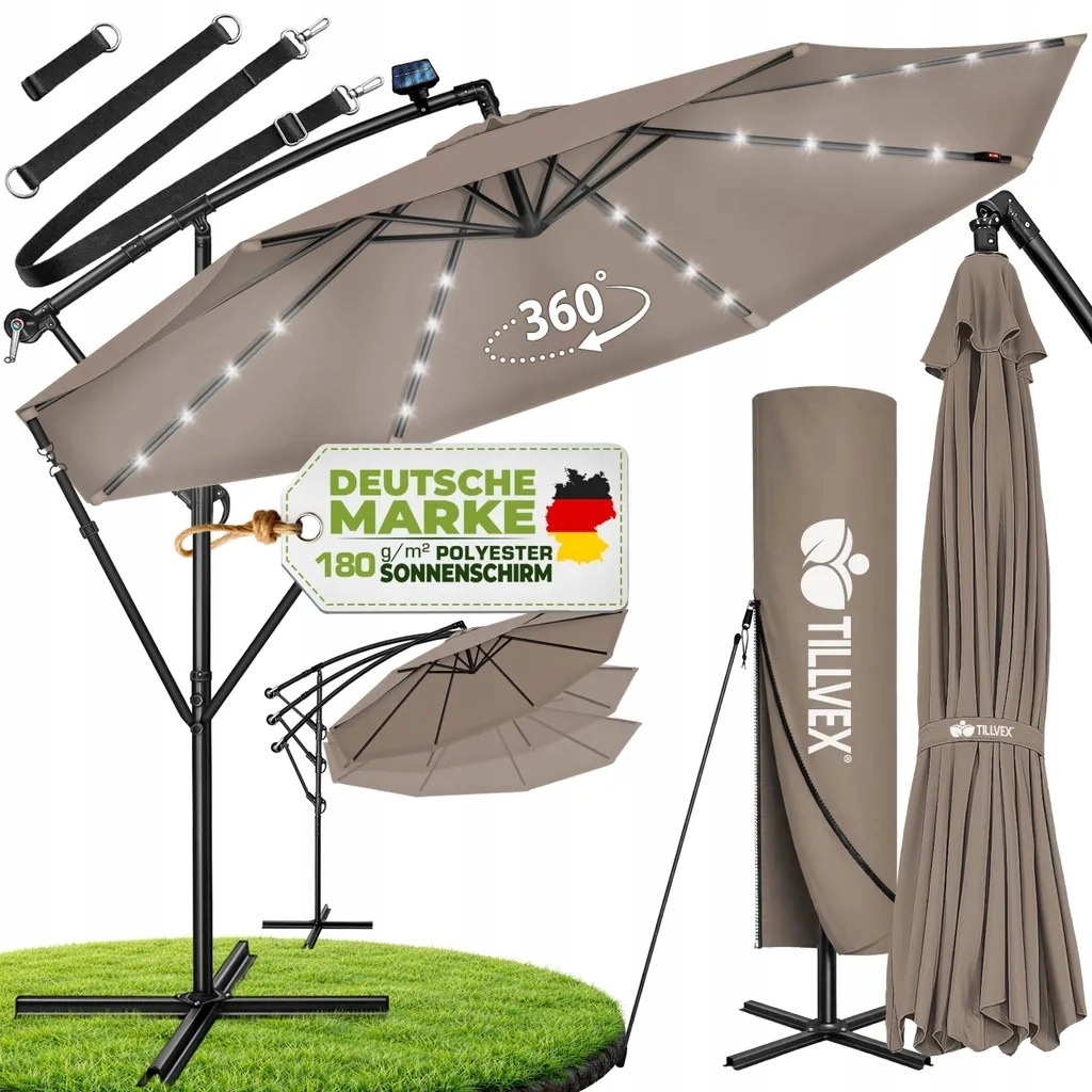 tillvex Hliníkový slnečný slnečník Cappuccino Led Solar Ø 300 cm s kľukou