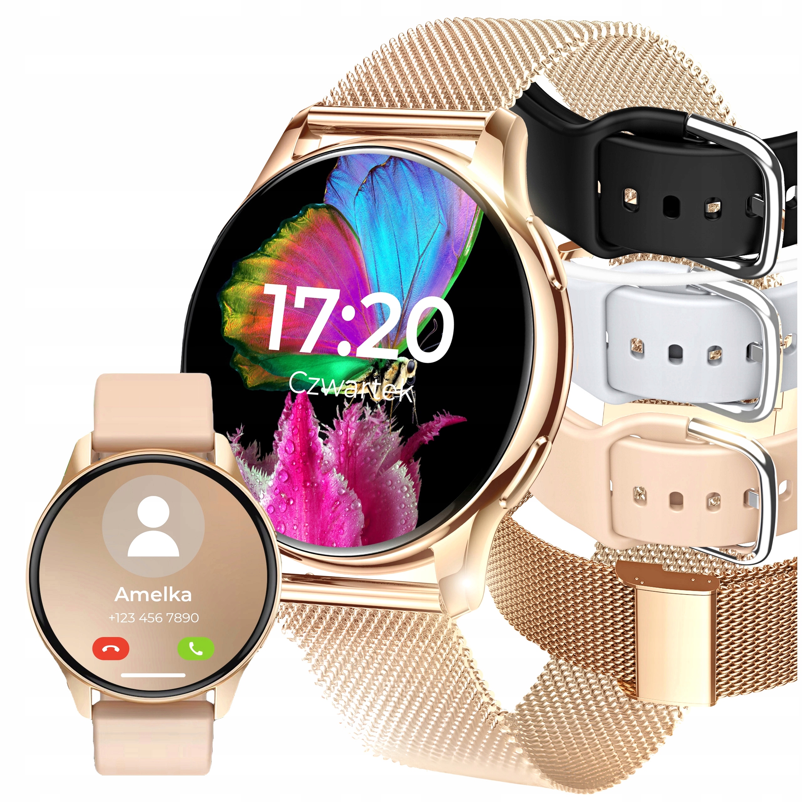 SMARTWATCH ZEGAREK DAMSKI MENU PL ROZMOWY POWIADOMIENIA SPORT 4 PASKI