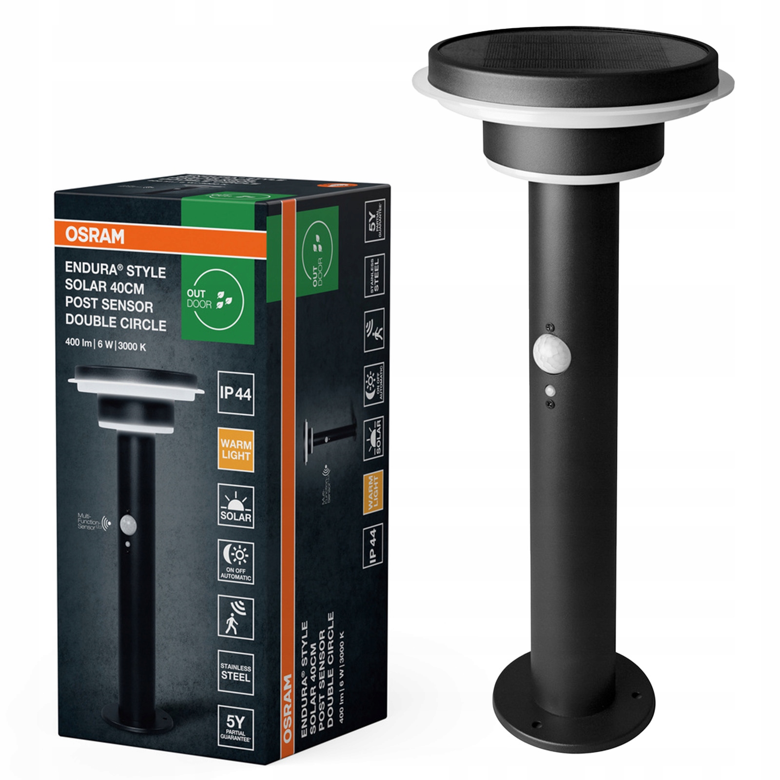 Solárna záhradná lampa Led s Led snímačom pohybu súmraku 3000K IP44 Endura